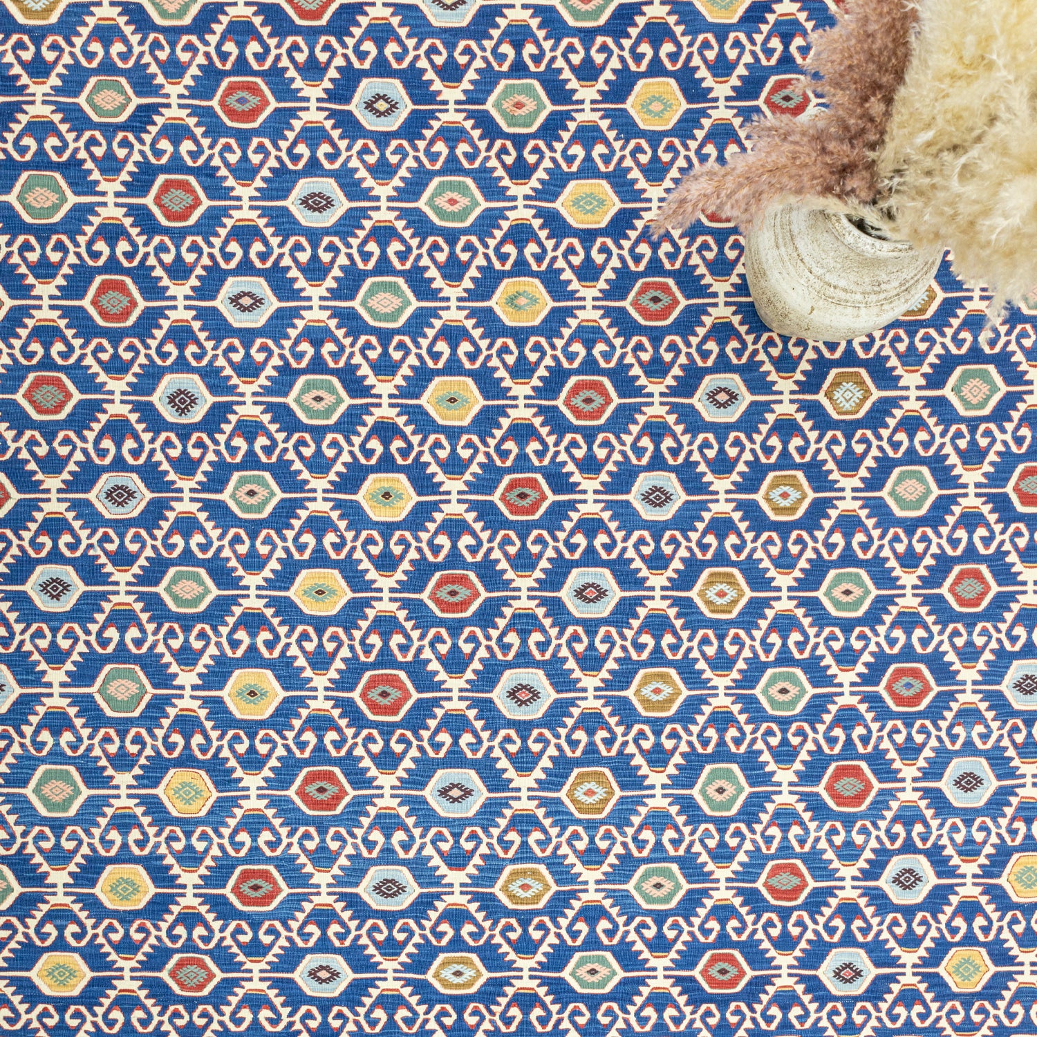 Koltan Geometrik Desenli Mavi Yün Kilim 202 X 293 Cm