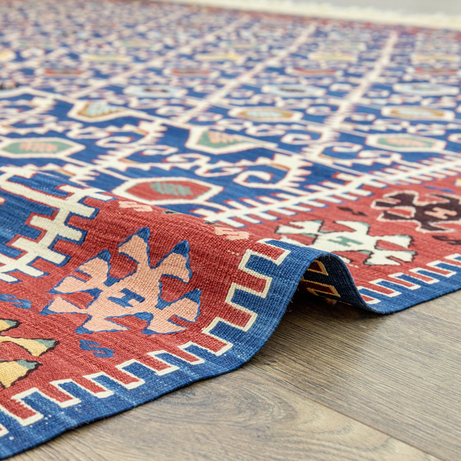 Koltan Geometrik Desenli Mavi Yün Kilim 202 X 293 Cm