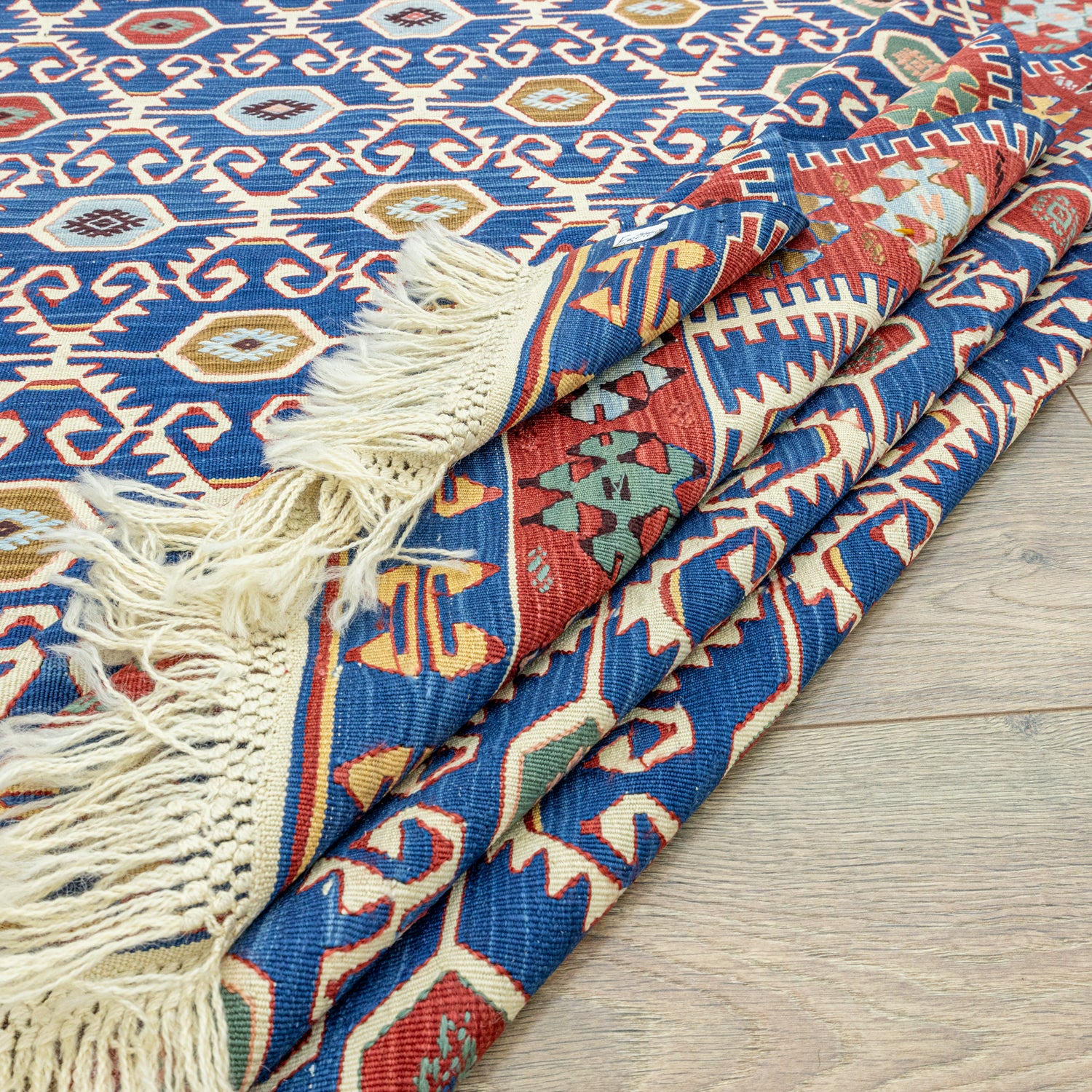 Koltan Geometrik Desenli Mavi Yün Kilim 202 X 293 Cm