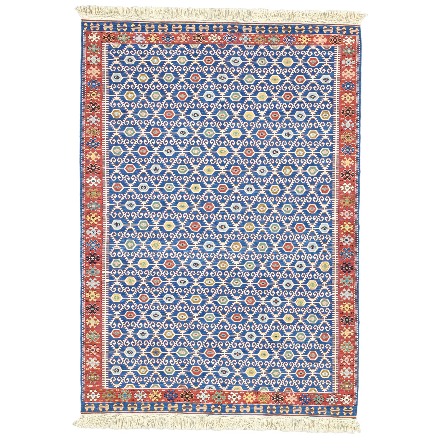 Koltan Geometrik Desenli Mavi Yün Kilim 202 X 293 Cm