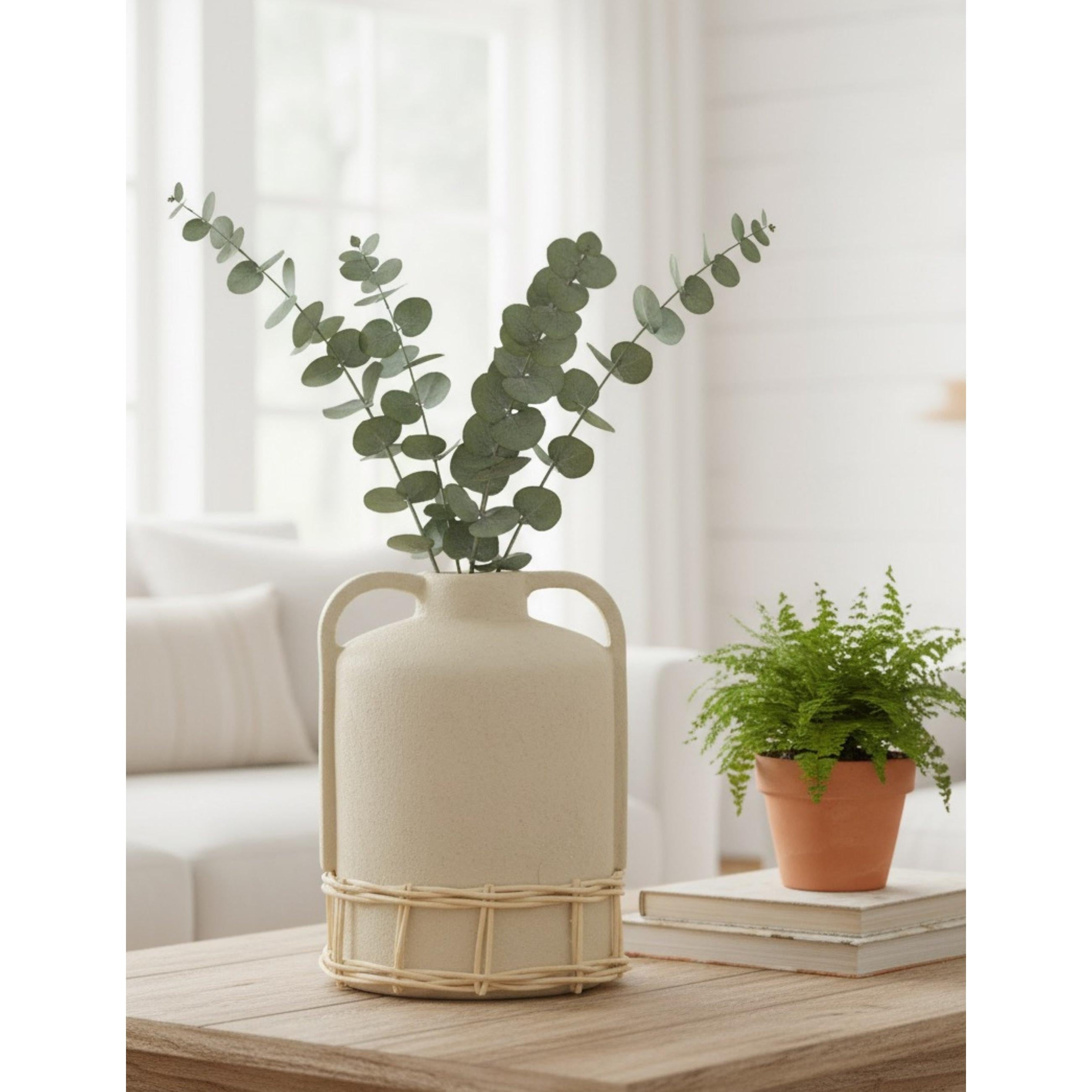 Kulplu Doğal Hasır Örgülü Terakota Vazo