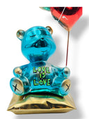 Love Is Love Ayıcık Heykeli | Mavi Krom Kalp Balonlu Dekoratif Pop Art Obje