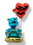 Love Is Love Ayıcık Heykeli | Mavi Krom Kalp Balonlu Dekoratif Pop Art Obje