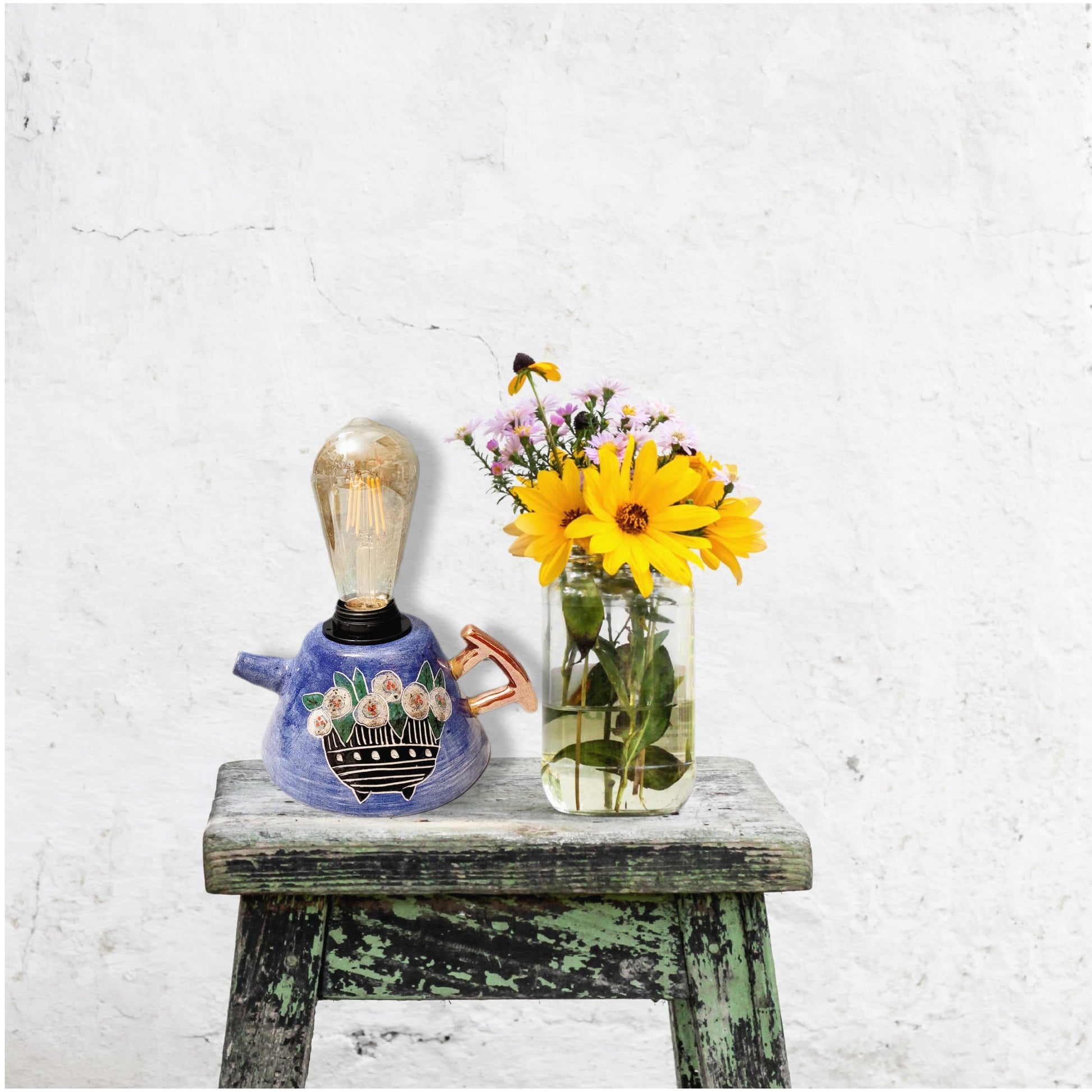 Mavi Çiçekli Çaydanlık Formlu Abajur