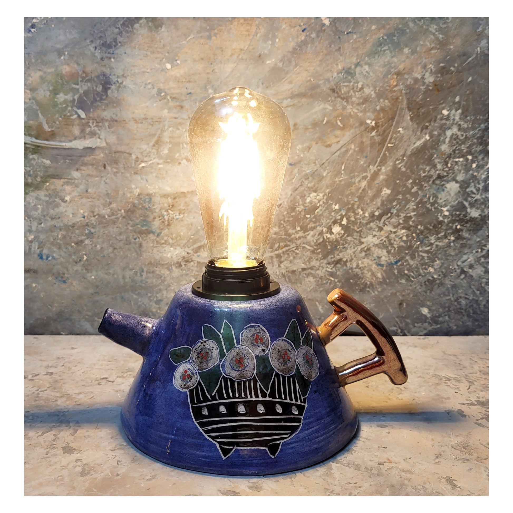 Mavi Çiçekli Çaydanlık Formlu Abajur