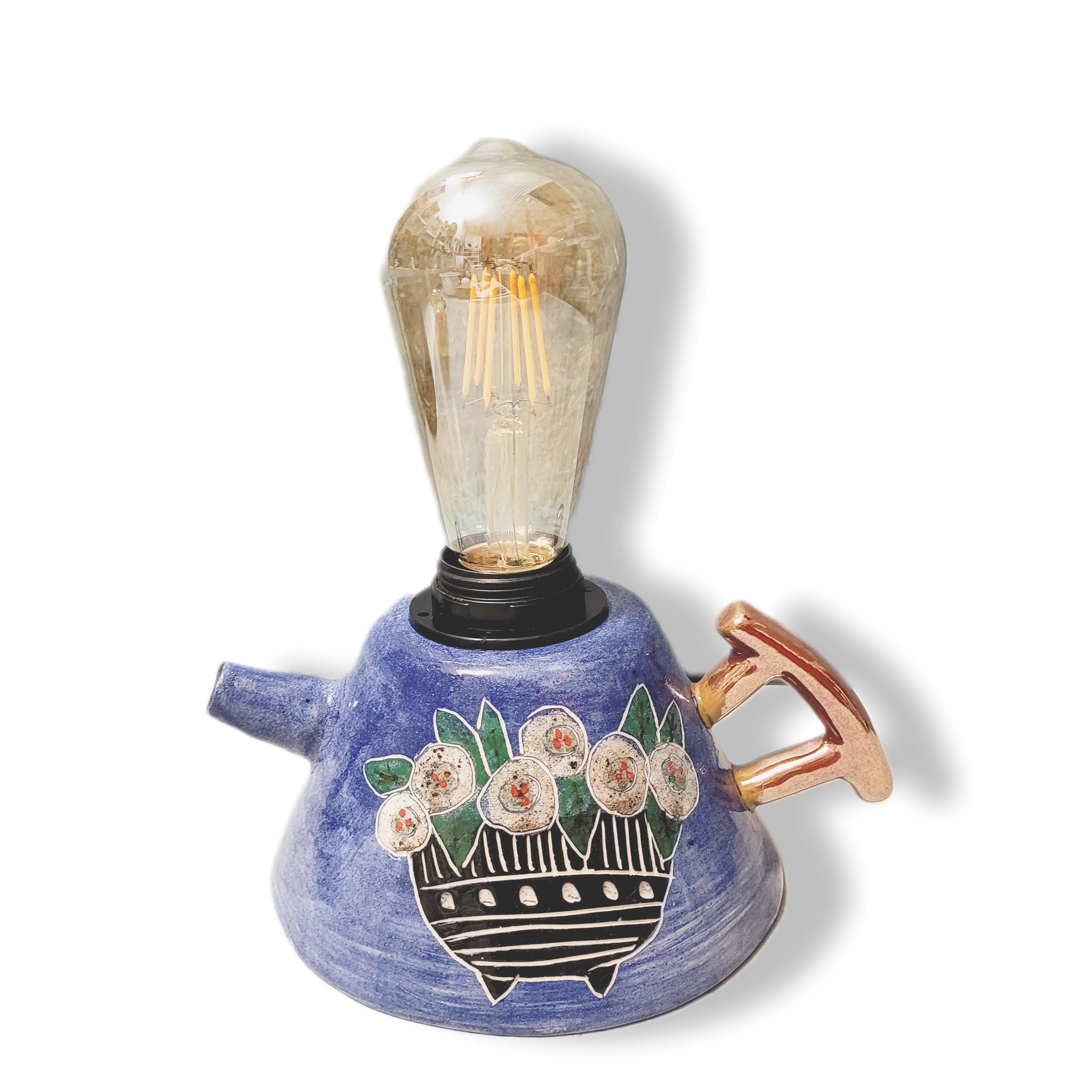 Mavi Çiçekli Çaydanlık Formlu Abajur