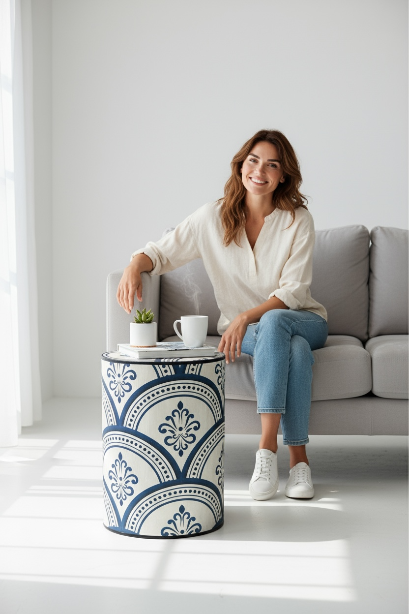 Mavi Desenli Mas Ahşap Sehpa