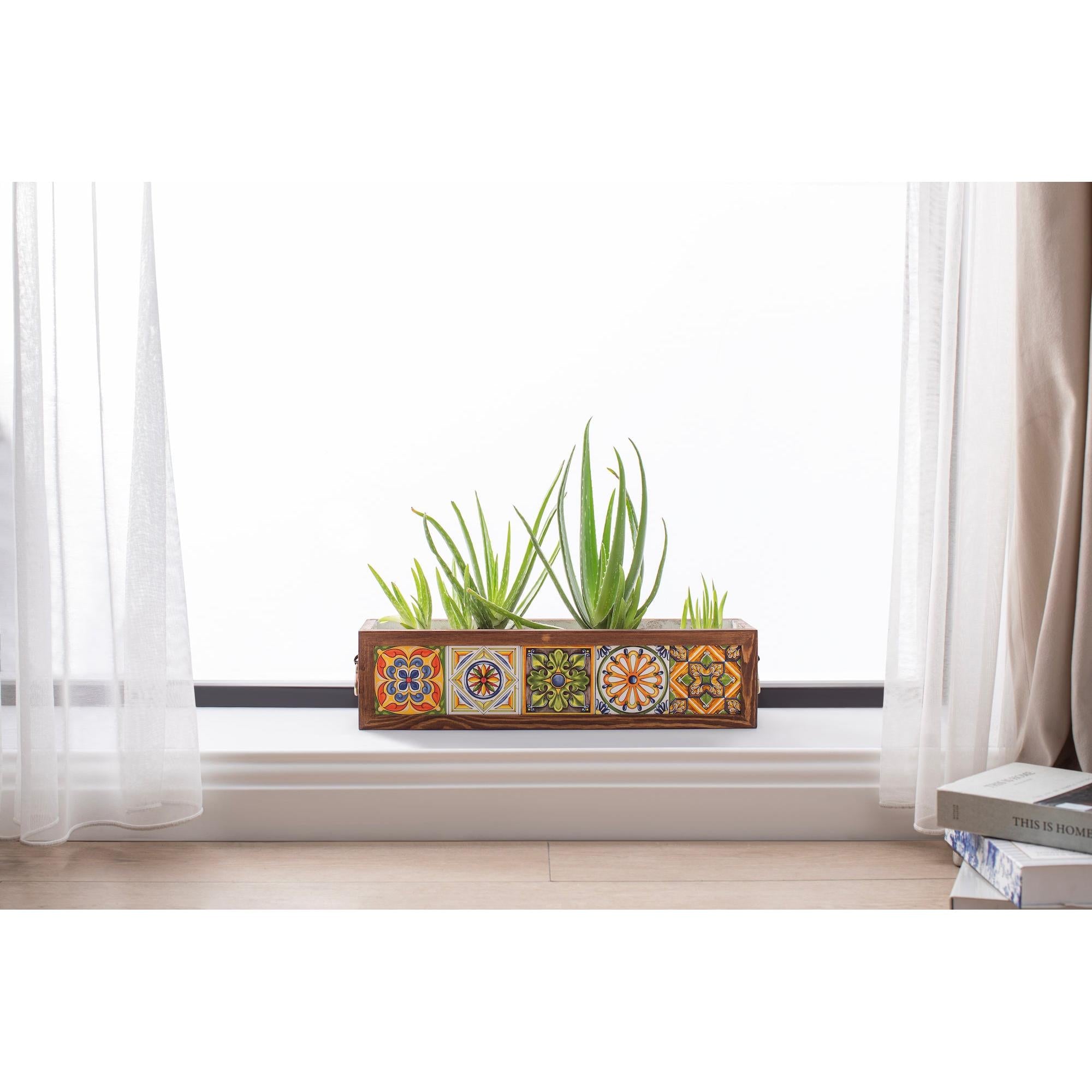 Meksika Çinili Ahşap Saksı – 5 Çinili