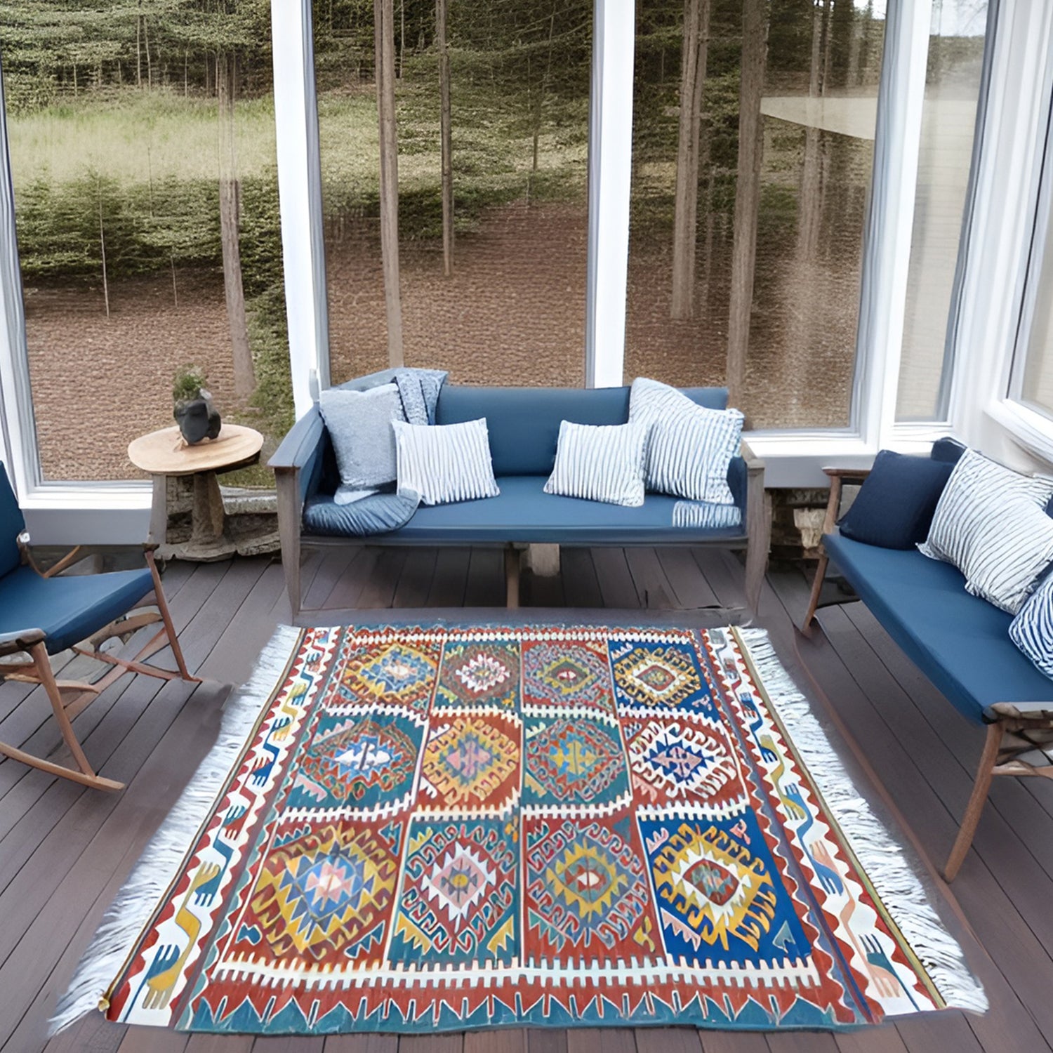 Mimoza Etnik Desenli El Dokuma Yün Kavak Kilim 111X125 Cm