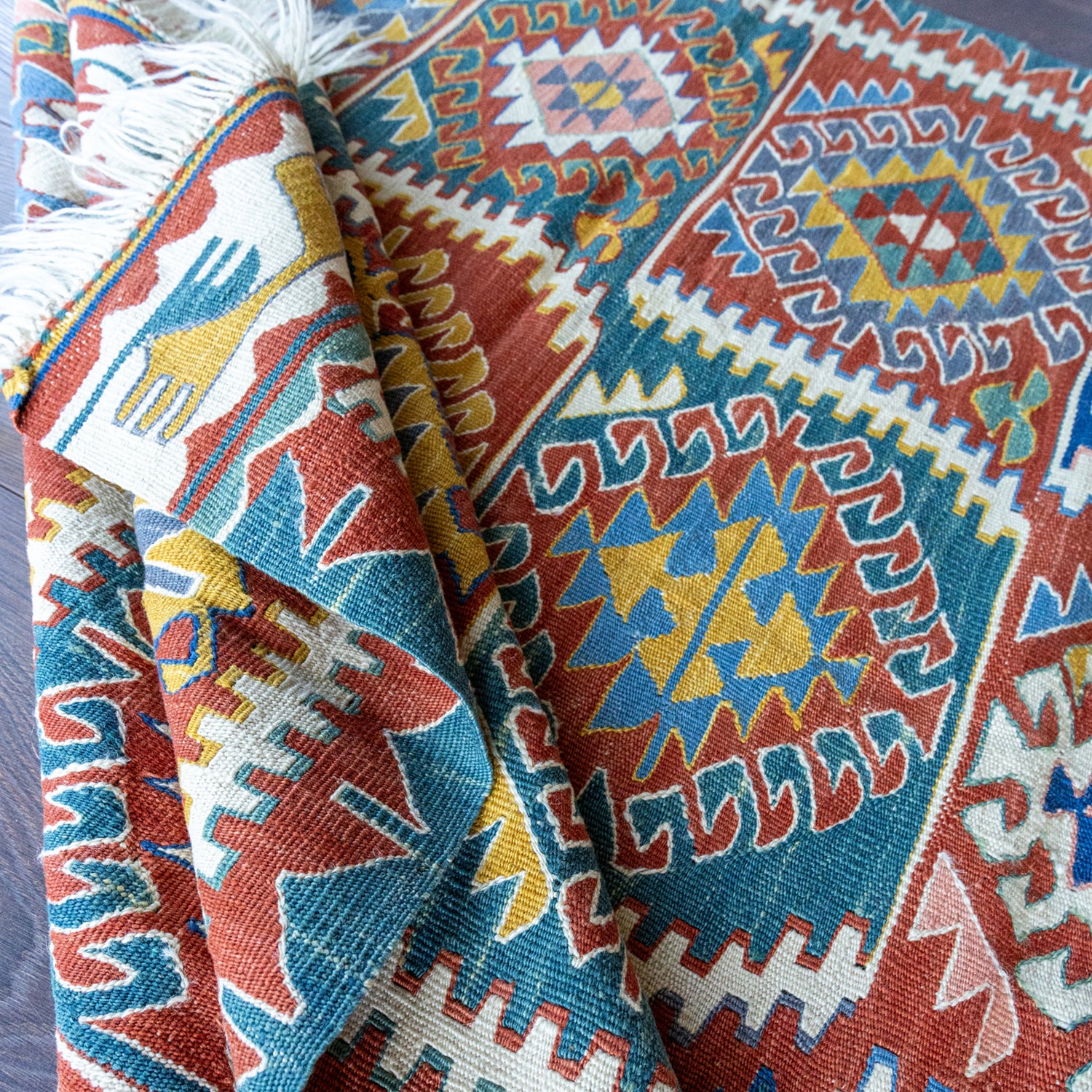Mimoza Etnik Desenli El Dokuma Yün Kavak Kilim 111X125 Cm