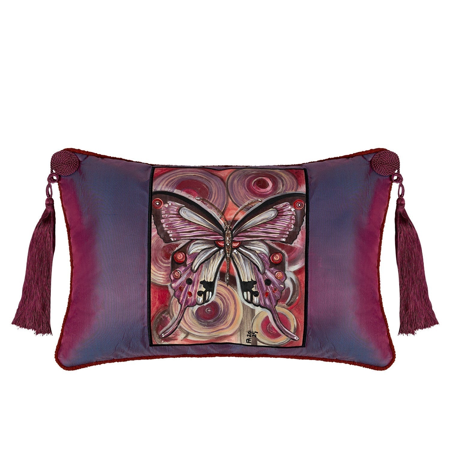 Mor İpek Degrade El Boyaması Kelebek Aplikeli Kırlent