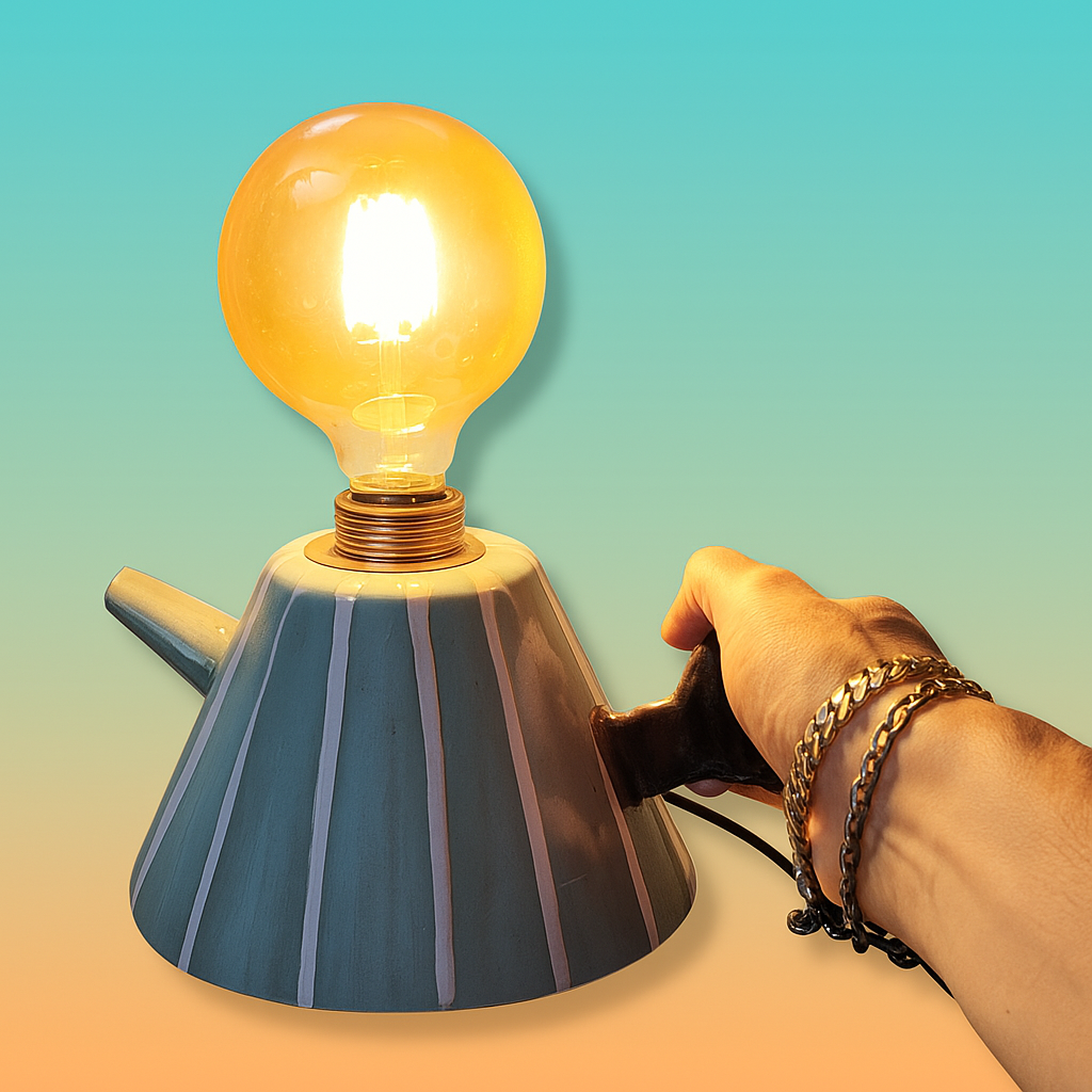 Pastel Yeşil Çizgili Çaydanlık Formlu Aydınlatma Abajur