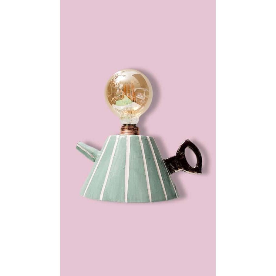 Pastel Yeşil Çizgili Çaydanlık Formlu Aydınlatma Abajur