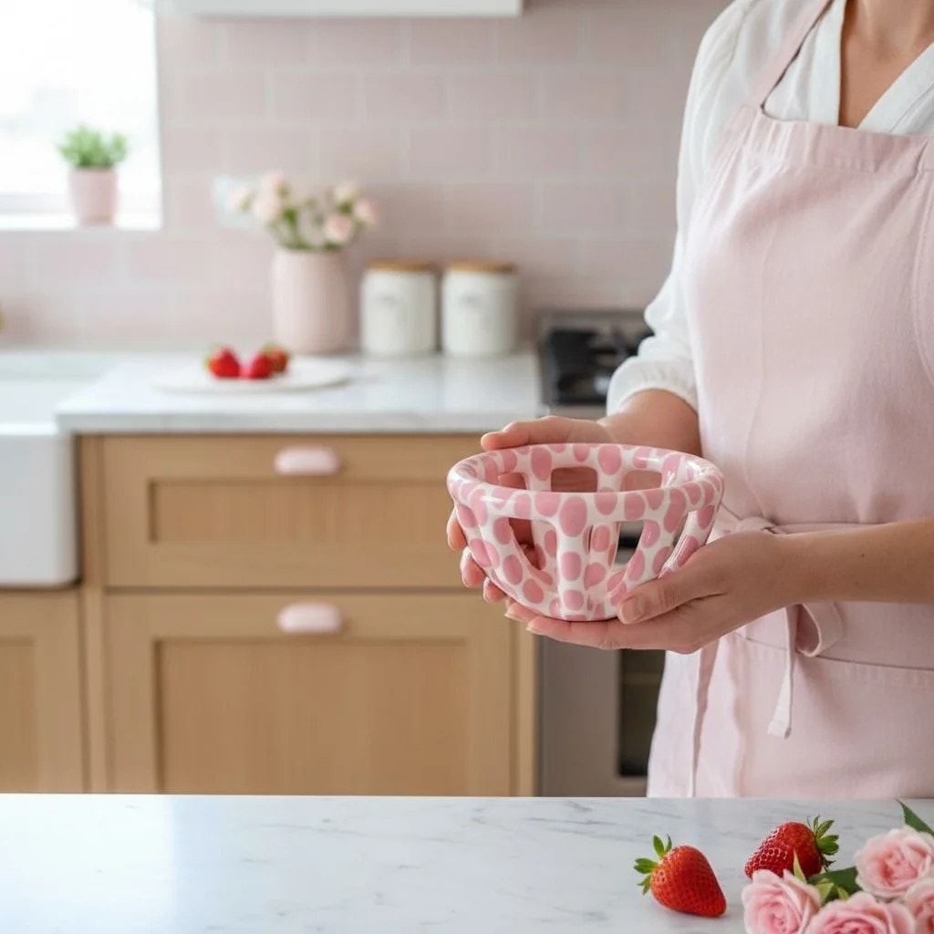 Pembe Benekli Mini Seramik Sepet