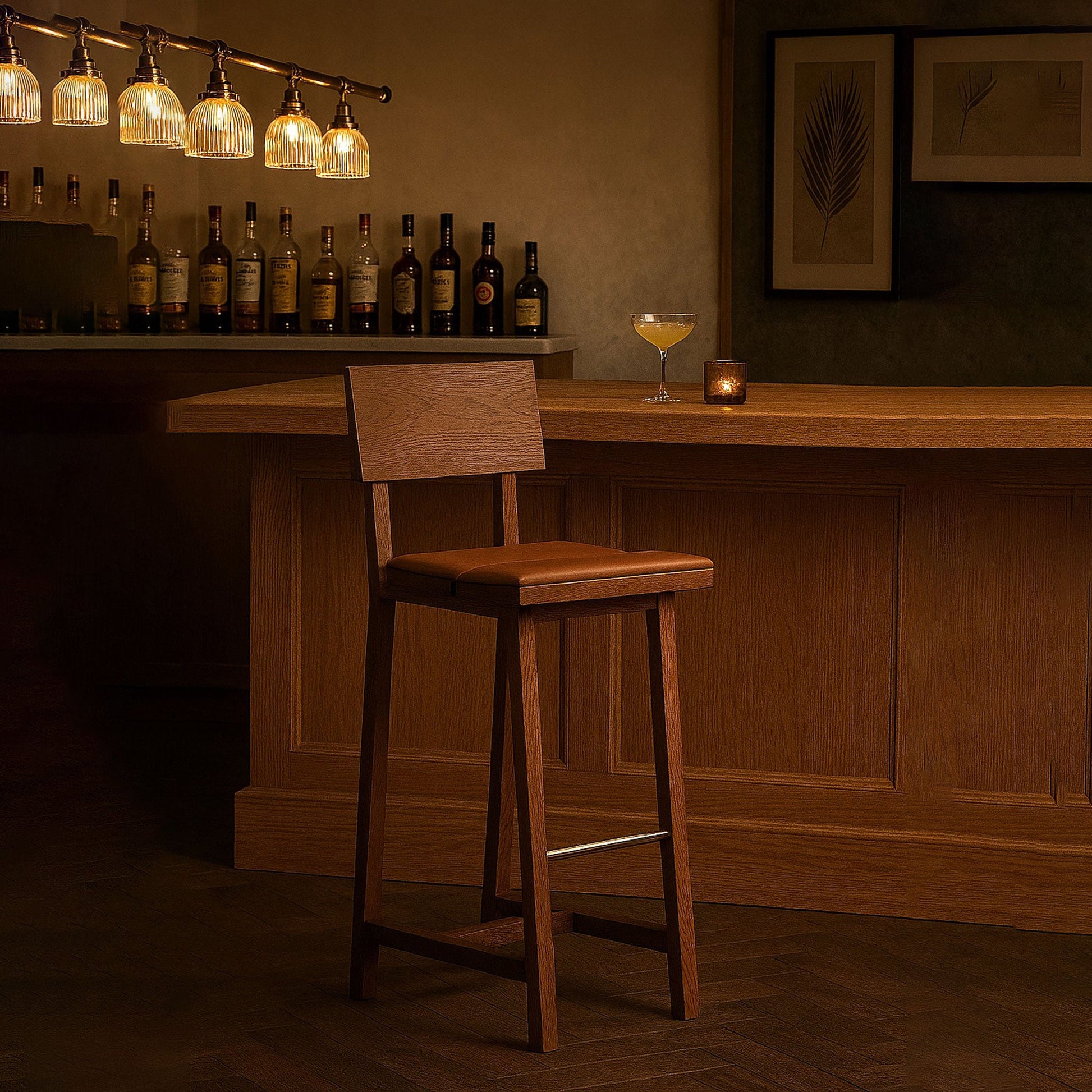 Pi Meşe Sırtlıklı Döşemeli Bar Sandalyesi Kahverengi