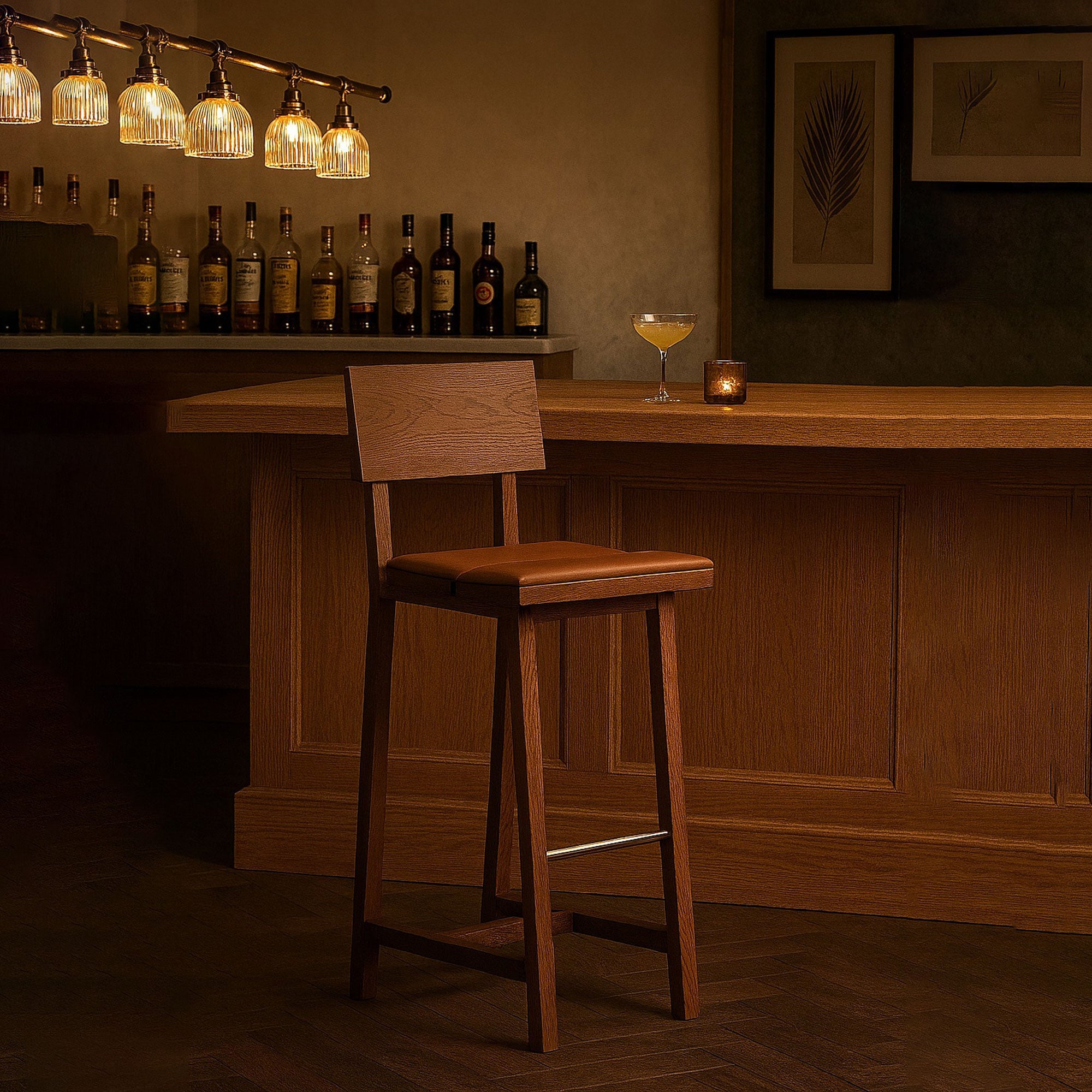 Pi Meşe Sırtlıklı Döşemeli Bar Sandalyesi Kahverengi