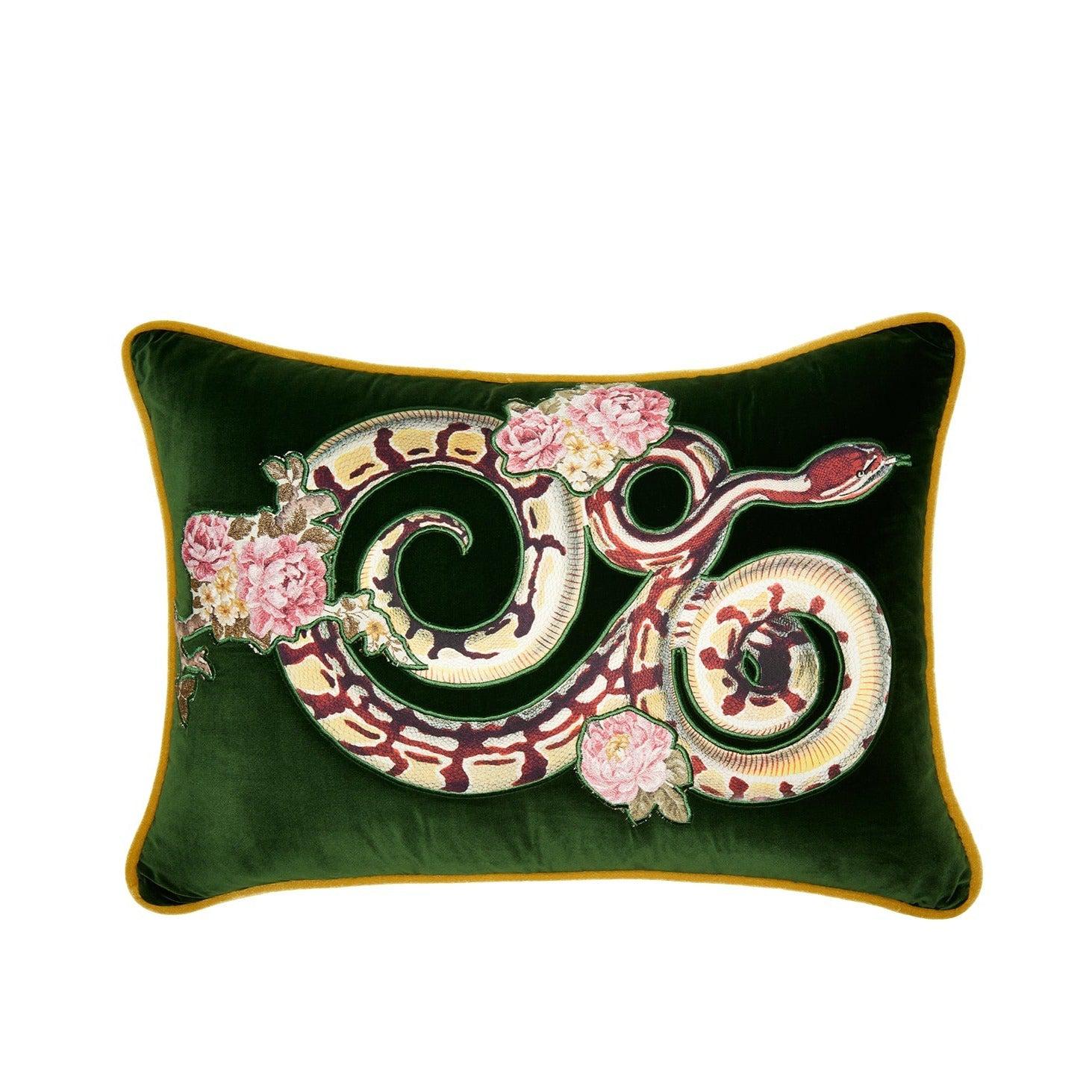 Yılan Ve Çiçek Aplike Kadife Kırlent