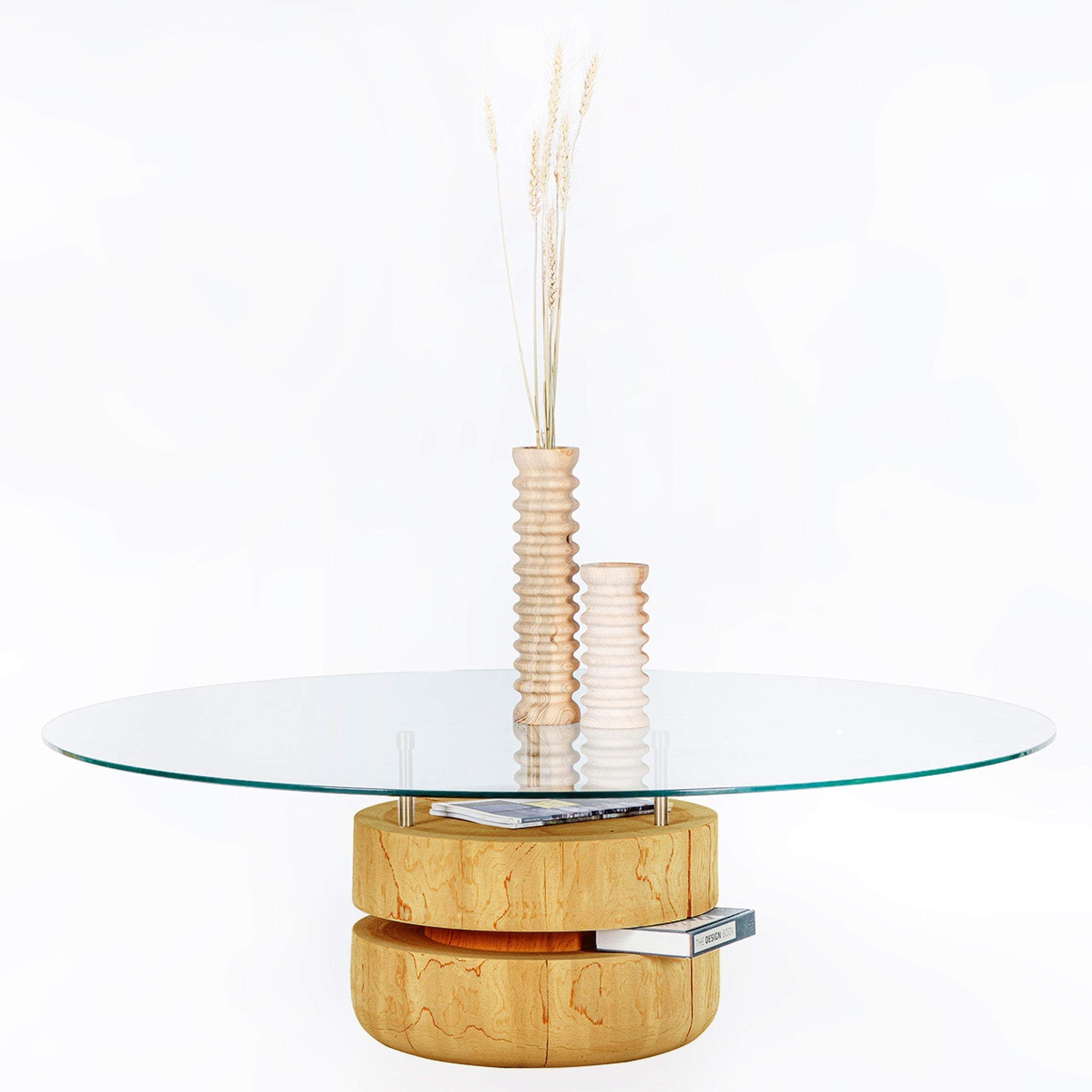 Bookworm Orta Sehpa, Masif Sedir, Cam Tablalı, Yuvarlak