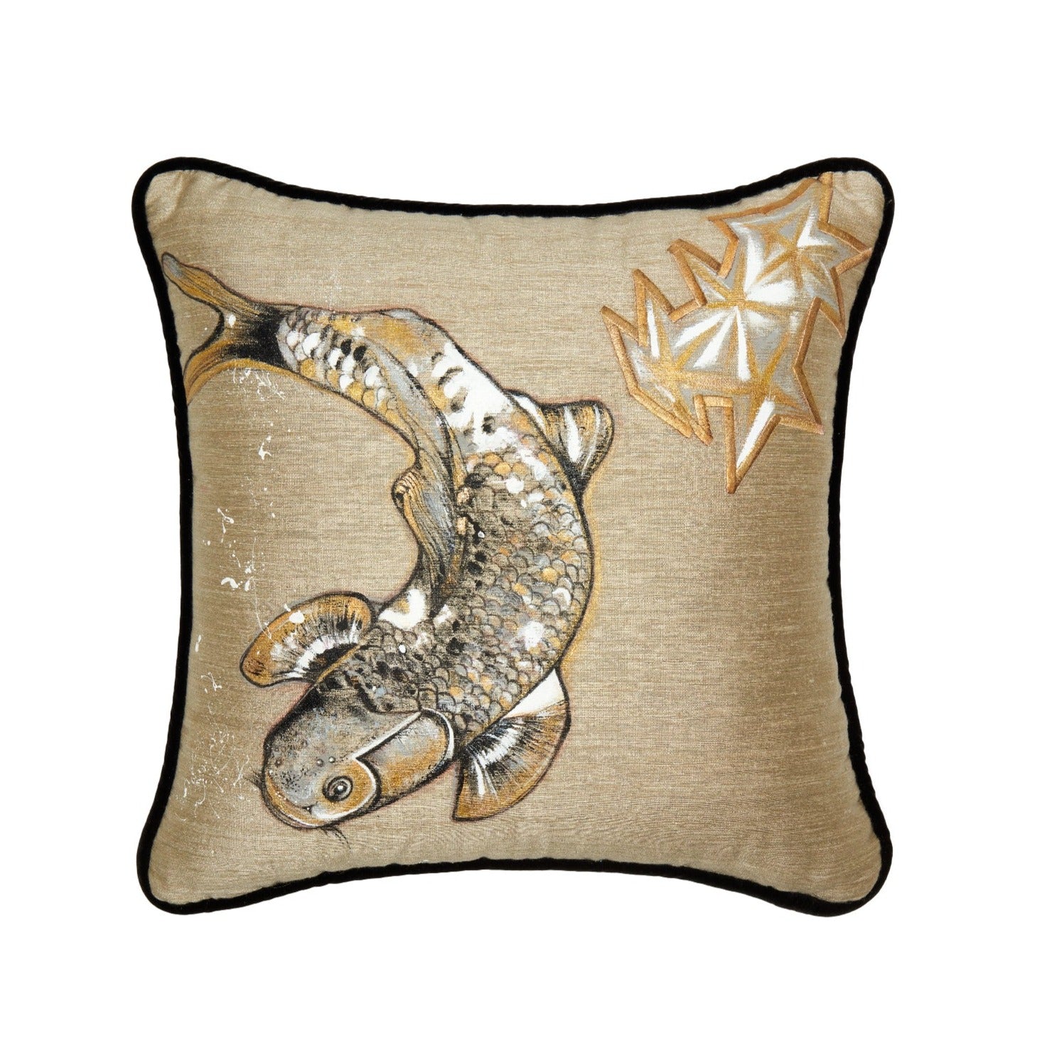 Balık İpek Keten Üzerine El Boyaması Kırlent