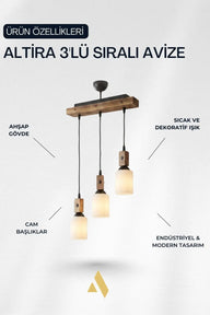 Altira 3'lü Sıralı Ahşap Sarkıt Avize