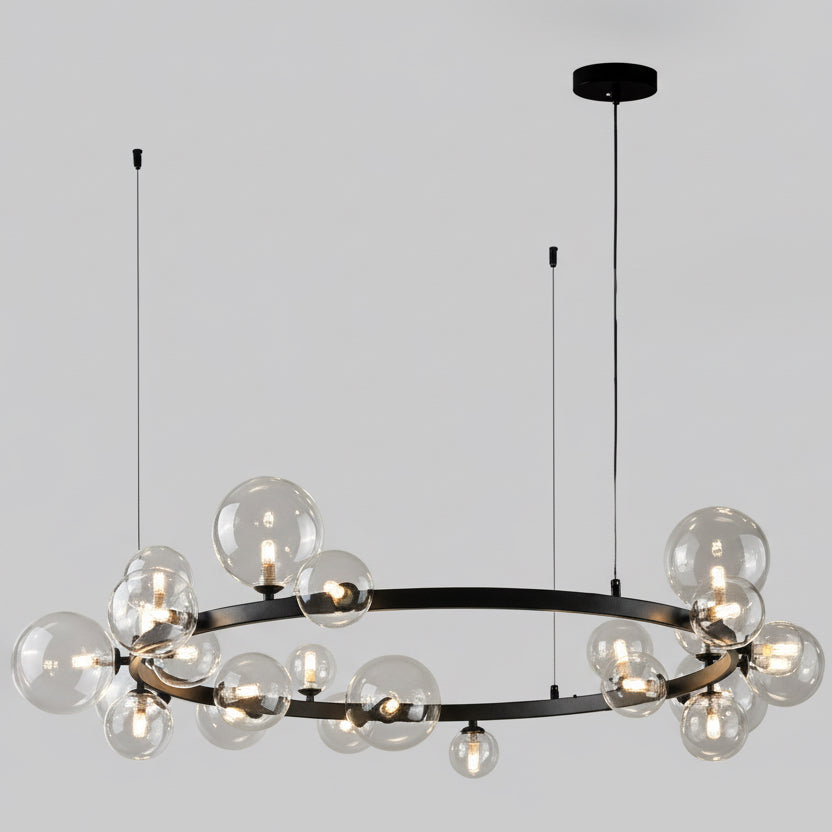 Alyuvar Tavan Aydınlatması, siyah metal gövde ve cam küre detaylarıyla modern tasarımlı el yapımı avize. G-9 duy uyumlu, şık tavan dekoru.