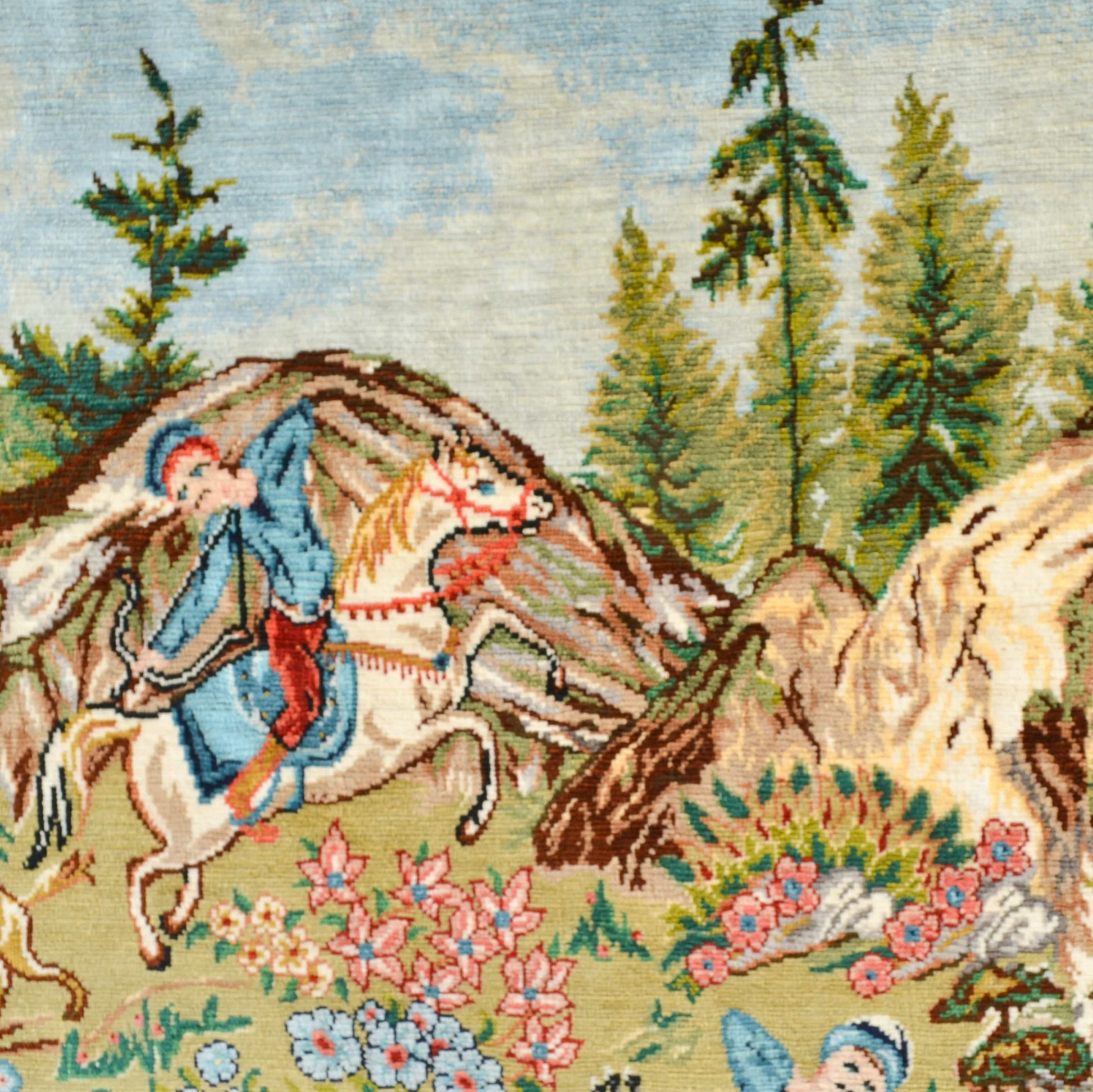 Av Sahnesi Desenli Saf İpek El Dokuma Duvar Halısı (42x60 Cm)