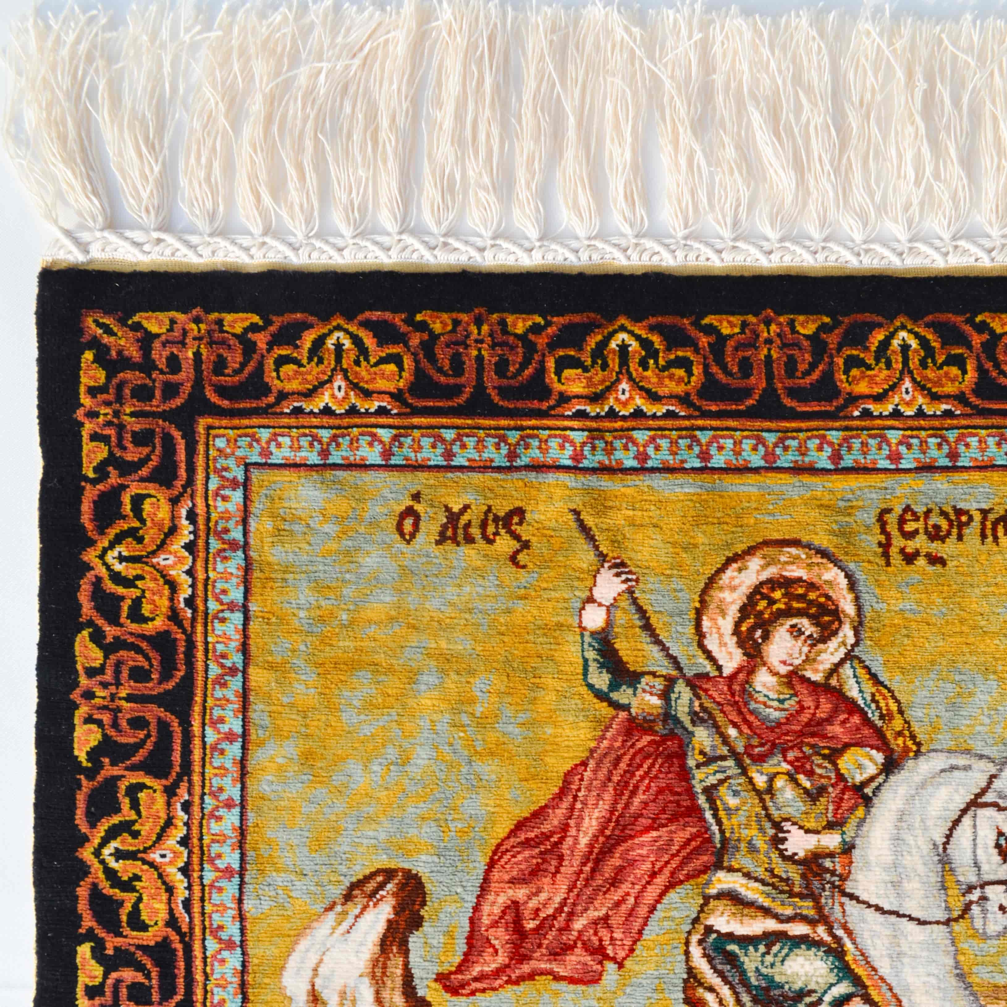 Aziz Yorgi ve Ejdarha Desenli Saf İpek El Dokuma Duvar Halısı (38x38 cm)