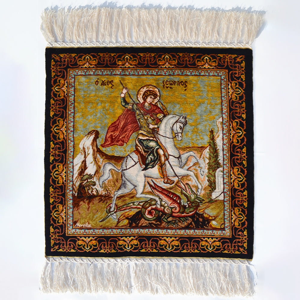 Aziz Yorgi ve Ejdarha Desenli Saf İpek El Dokuma Duvar Halısı (38x38 cm)