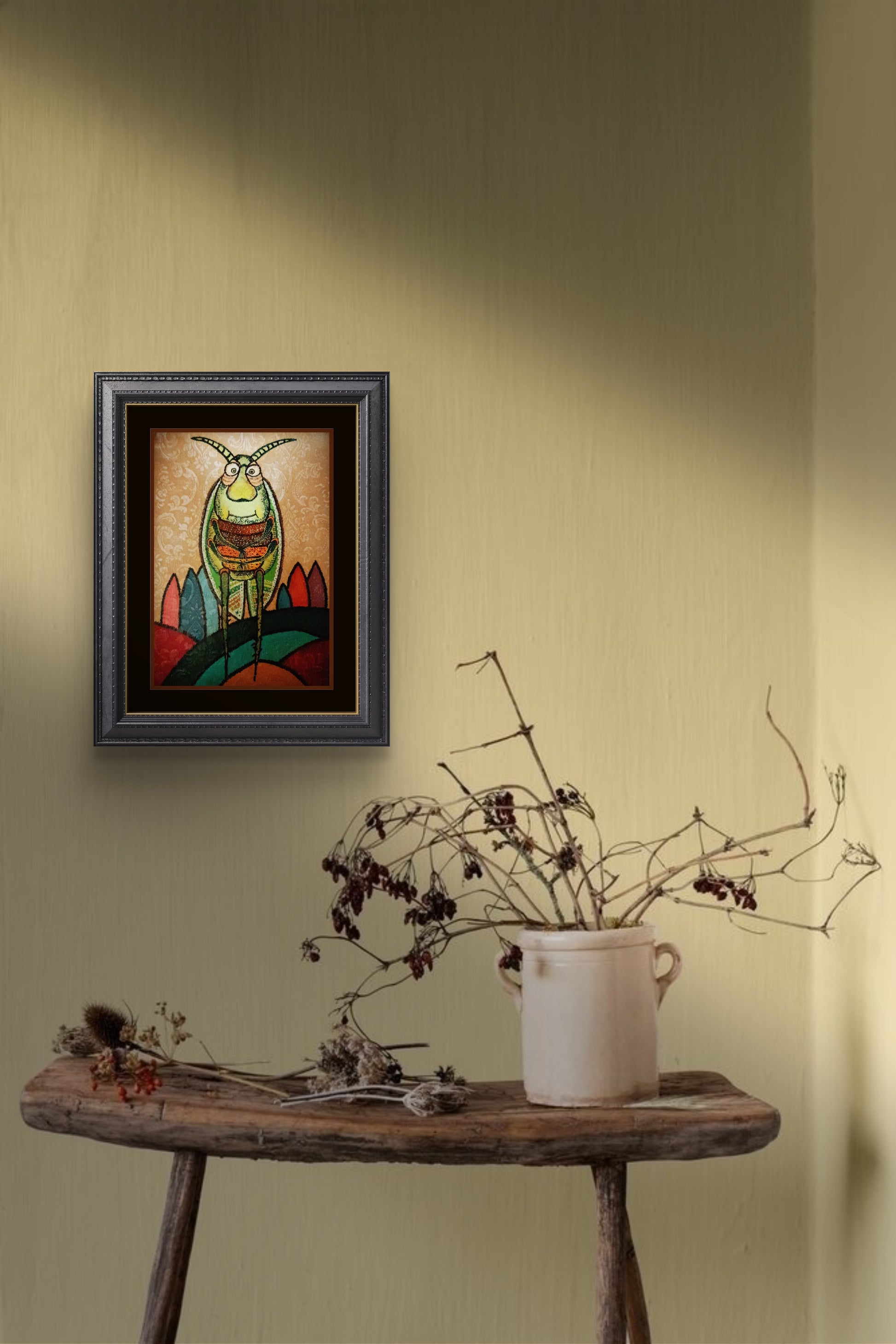 Bay Çekirge Tablo El Yapımı Ahşap Üzerine Akrilik Duvar Dekoru