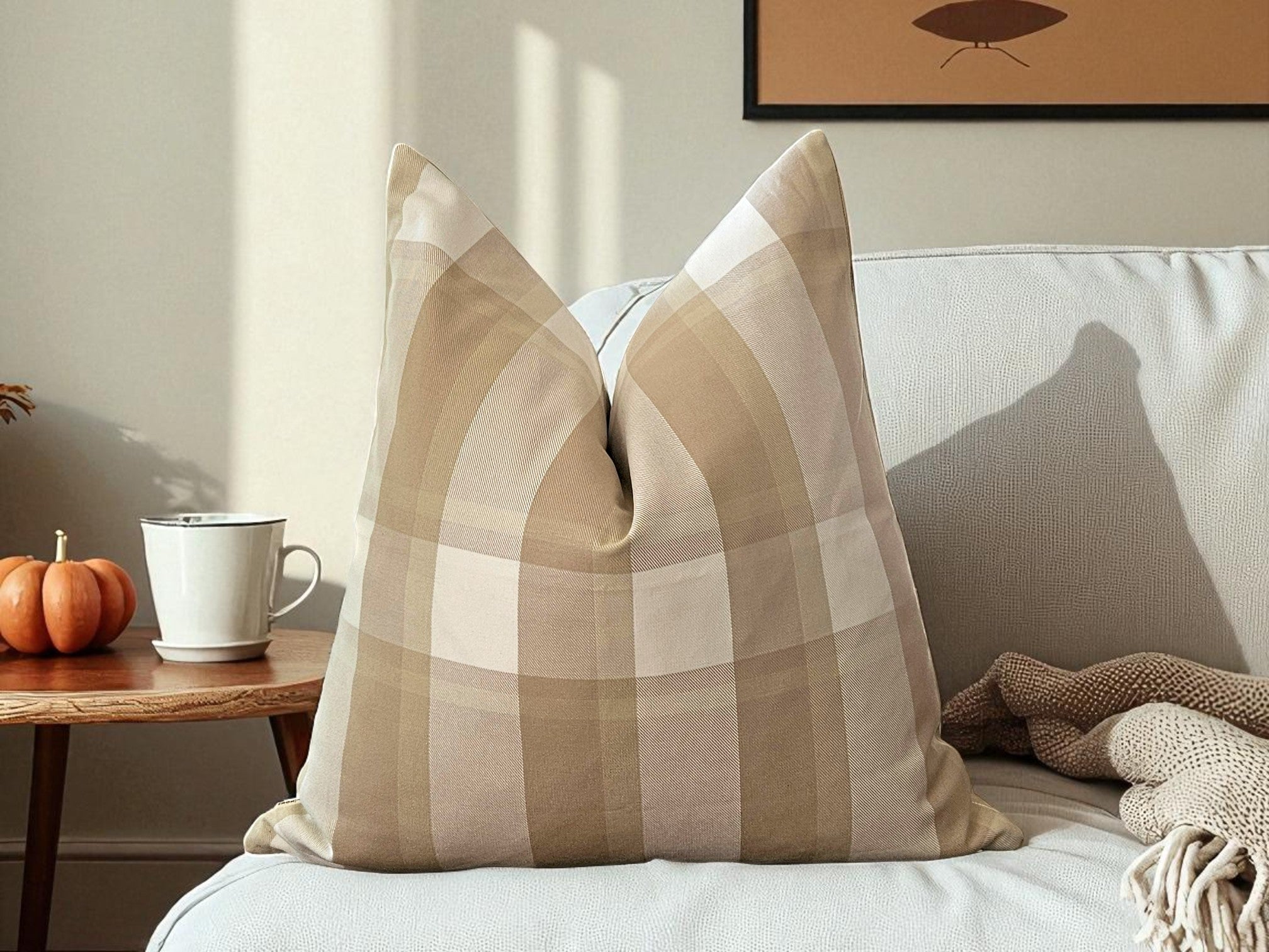 Bej Beyaz Ekoseli Yastık Kılıfı