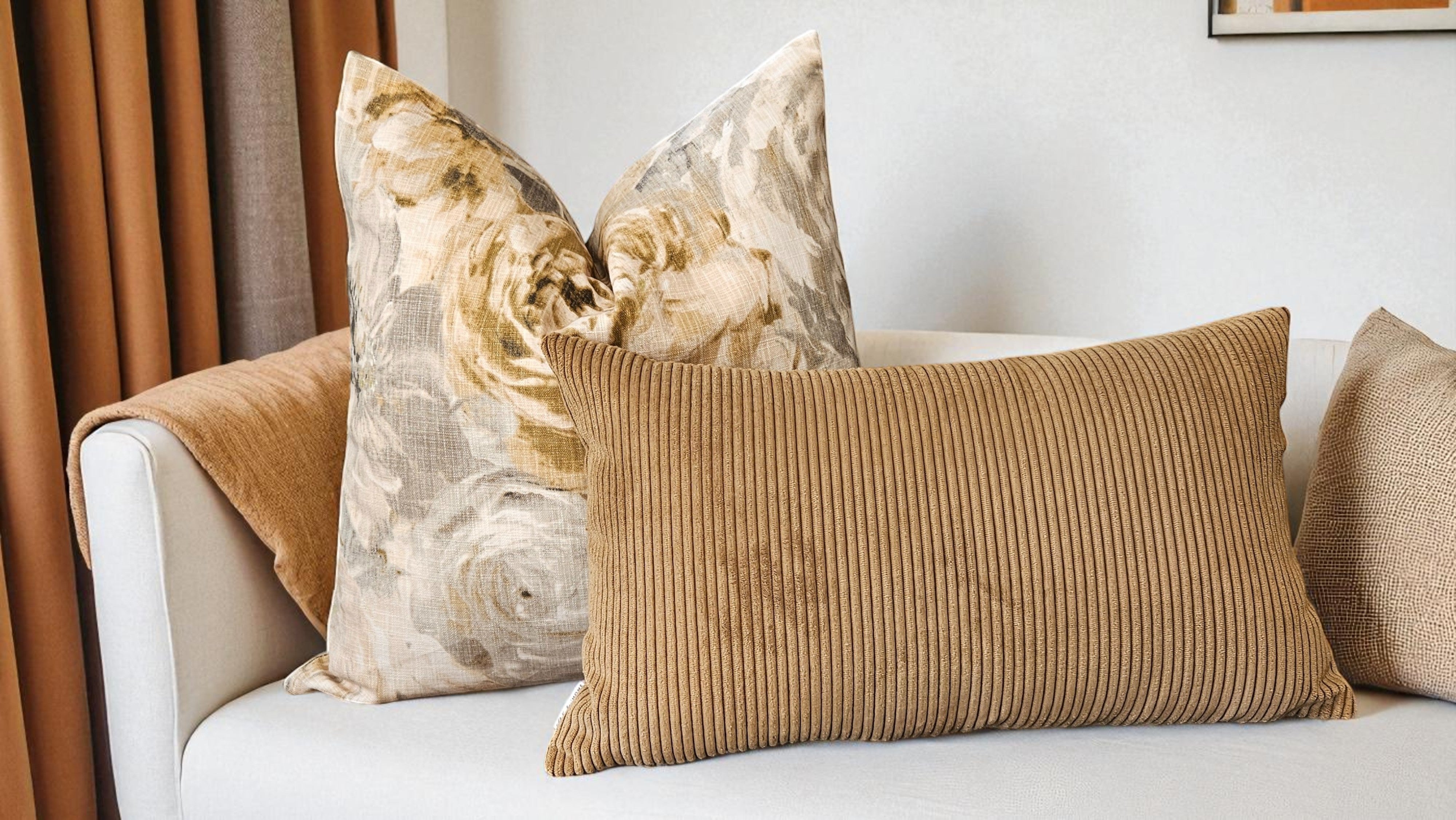 Bej Büyük Çiçek Desenli Yastık Kılıfı