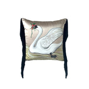 Beyaz Kuğu Bej El Boyaması İpek Püskül Detaylı Kırlent 50 x 50 cm-Yastık & Kırlent-ALPAQ STUDIO-NowShopFun