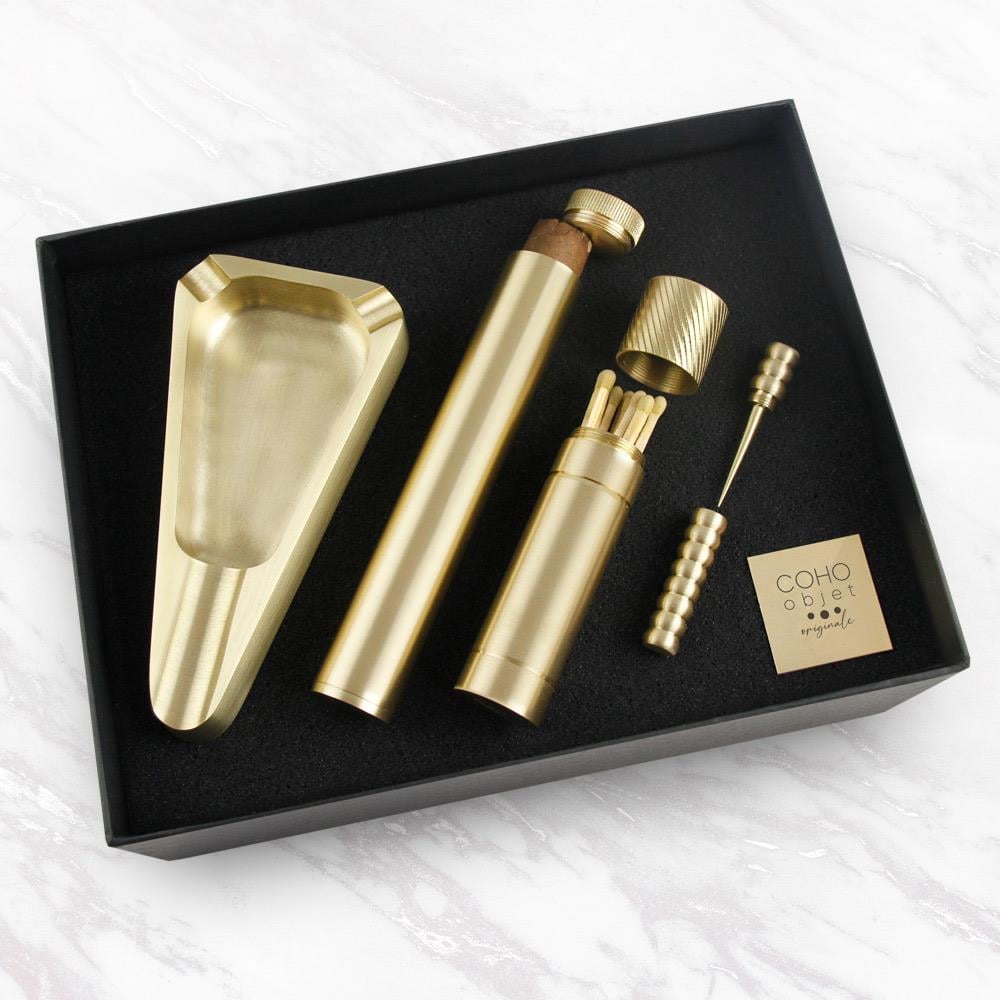 Coho Box Brazen Pirinç Puroluk & Puro Kılıfı & Kibritlik & Puro İğnesi Seti