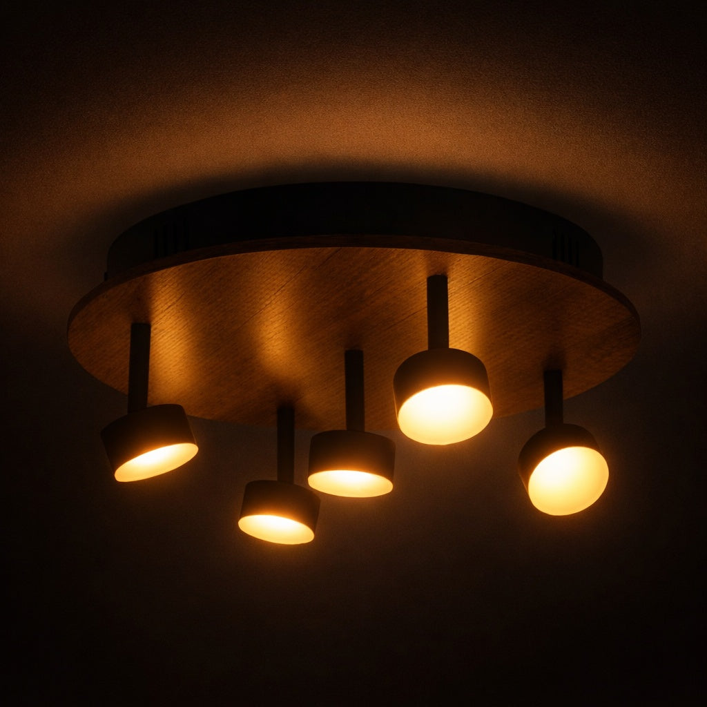 Plafonyer Spotlu Yuvarlak Ahşap Led Avize 40 Cm