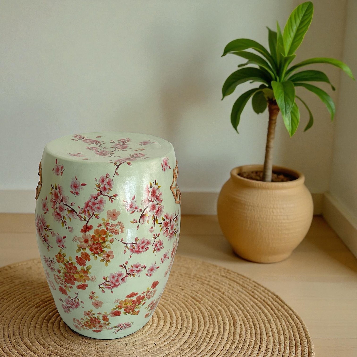 Çiçek Desen Mavi Seramik Sehpa