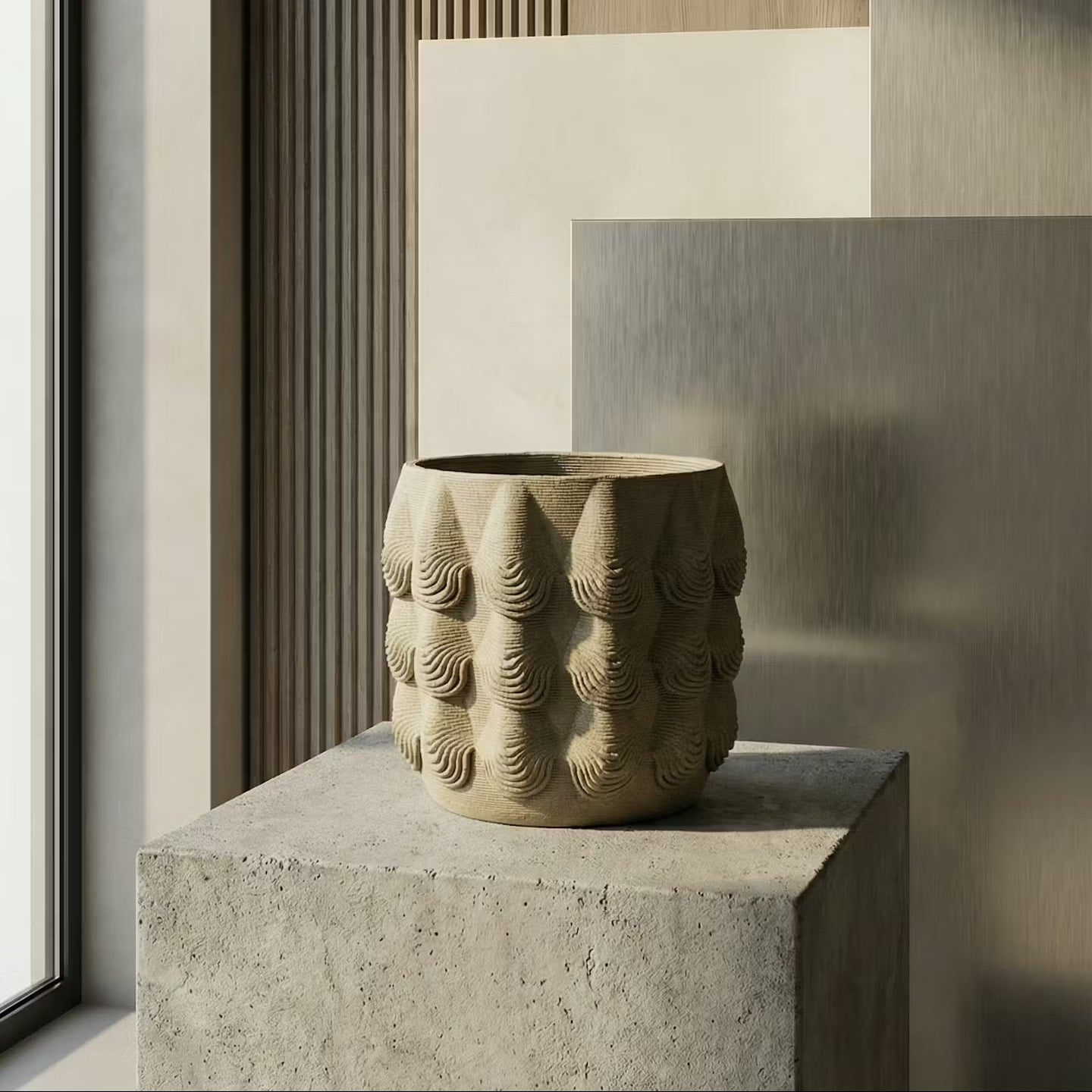 Dalga Dokulu Silindirik Seramik Saksı | Modern Yüzey Formu-Saksı-Creamic Studio-NowShopFun