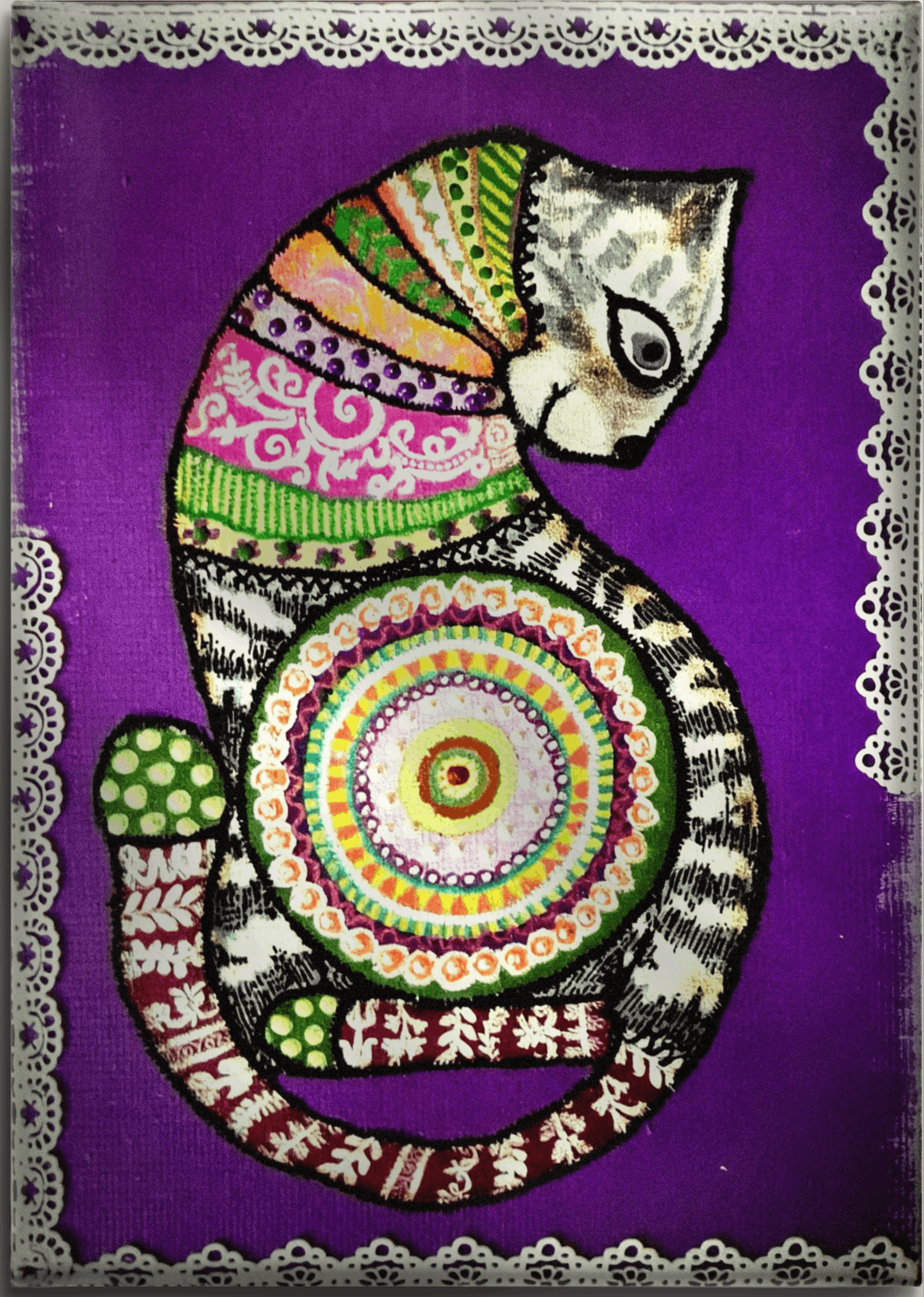 Dantelli Kedi Tablo El Yapımı Ahşap Üzerine Akrilik Duvar Dekoru