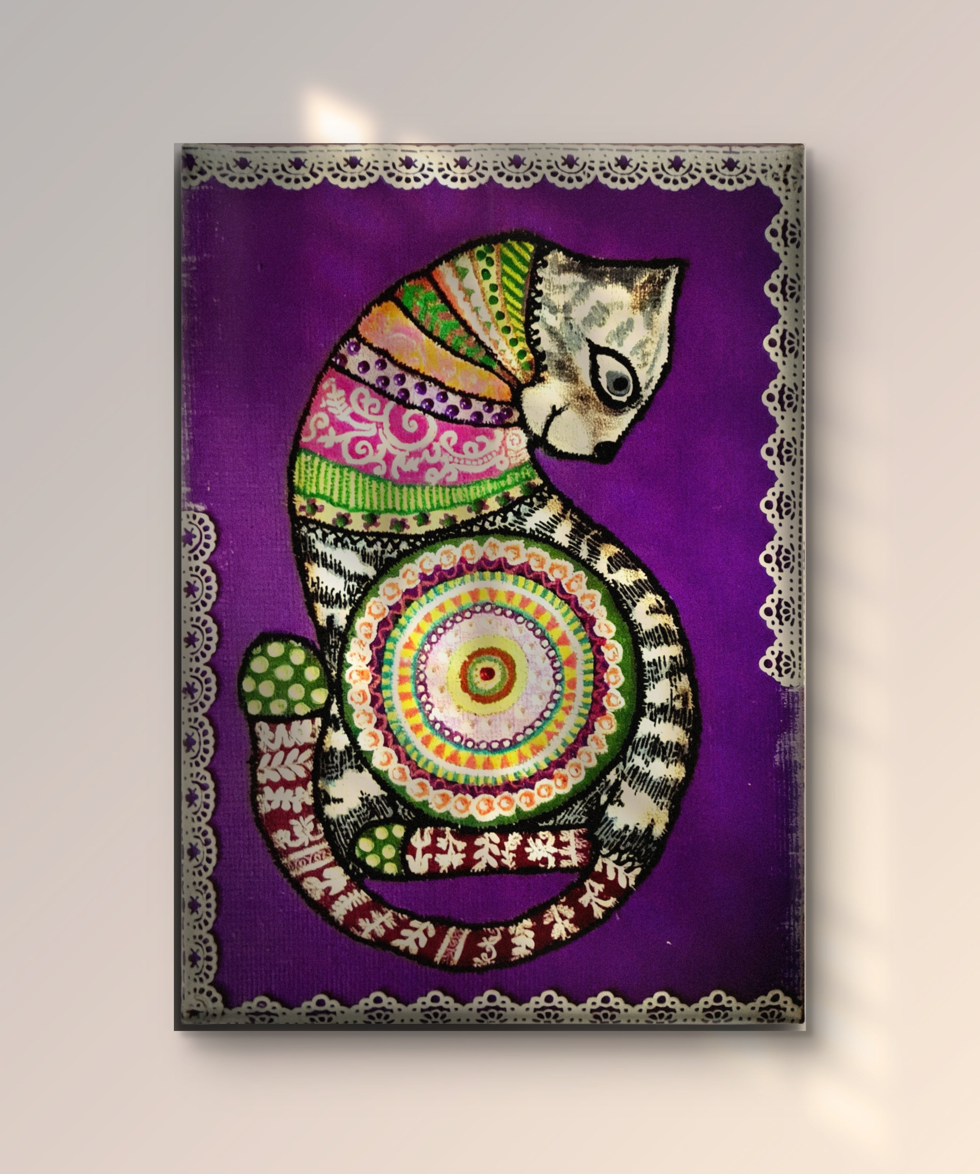 Dantelli Kedi Tablo El Yapımı Ahşap Üzerine Akrilik Duvar Dekoru