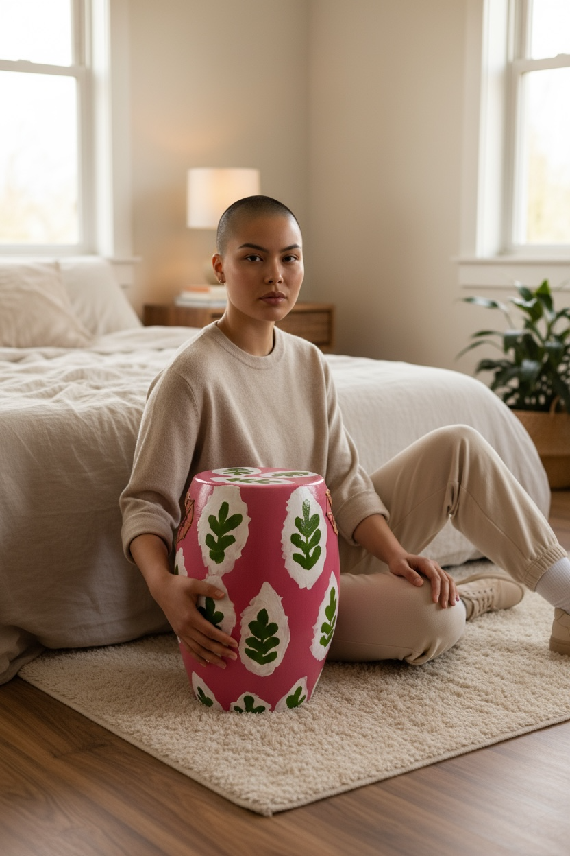 Desenli Pembe Seramik Sehpa