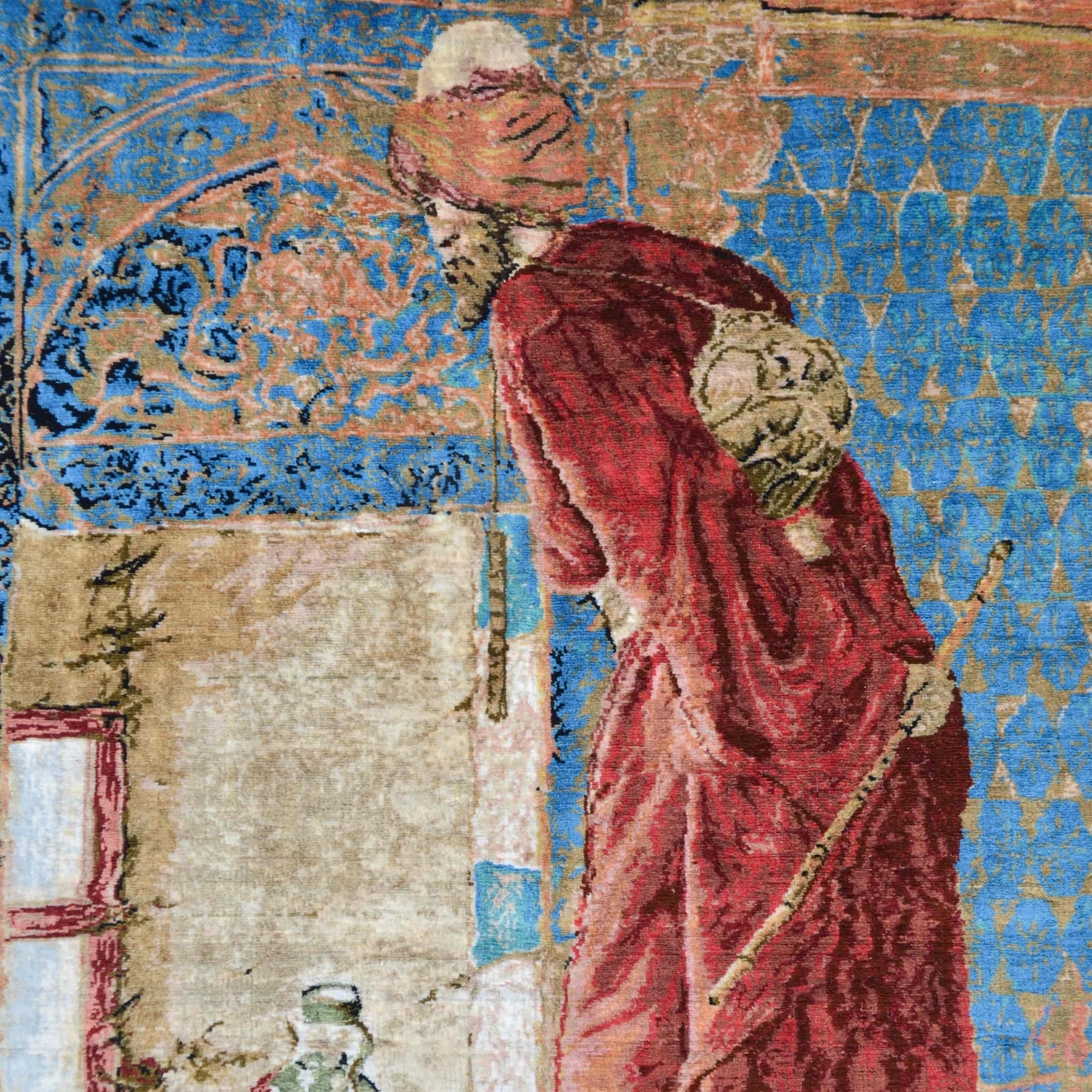 Kaplumbağa Terbiyecisi Desenli Saf İpek El Dokuma Duvar Halısı (33x50 cm)