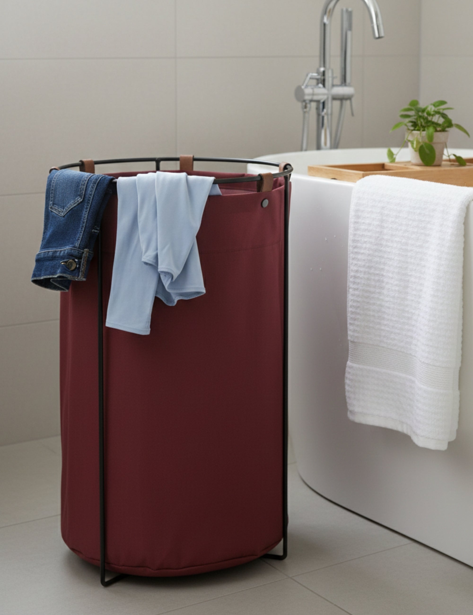 Edda Deri Askılı Metal Gövdeli Retro Çamaşır Sepeti - Bordo-Sepet-Maisonord-NowShopFun