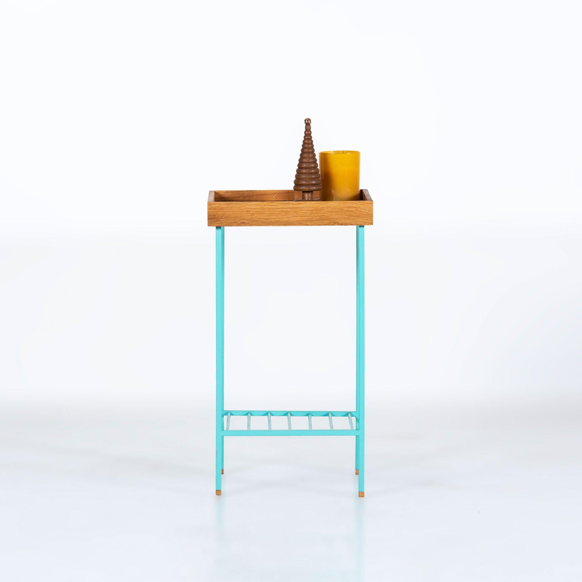 EDGE Saksılık / Yan Sehpa, Meşe Kare Sarı Tablalı, Metal Ayaklı, Orta Boy