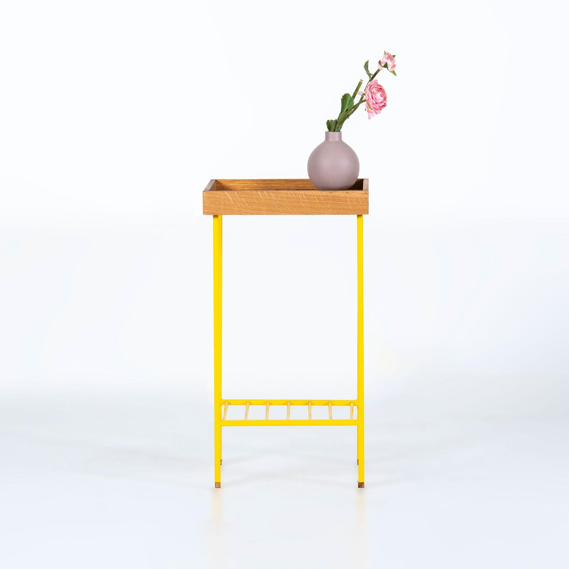 EDGE Saksılık / Yan Sehpa, Meşe Kare Sarı Tablalı, Metal Ayaklı, Orta Boy