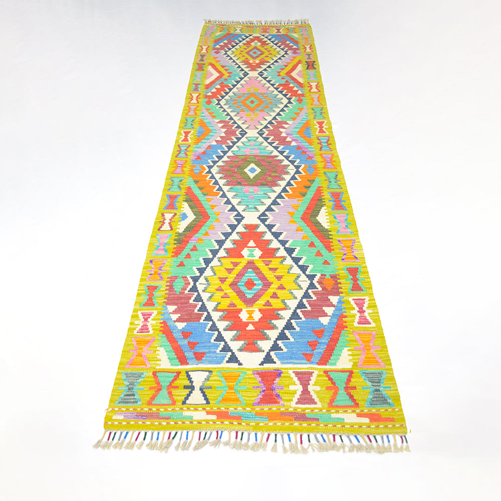 El Dokuma Lime Yeşili Afgan Kilim Yolluk