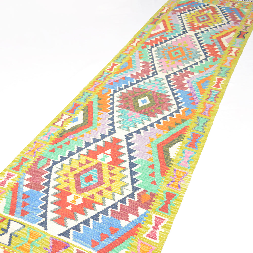 El Dokuma Lime Yeşili Afgan Kilim Yolluk