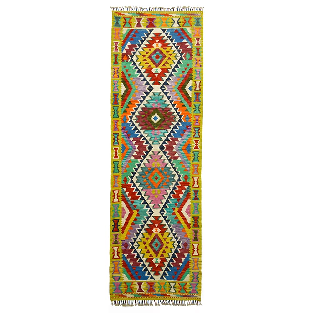 El Dokuma Lime Yeşili Afgan Kilim Yolluk