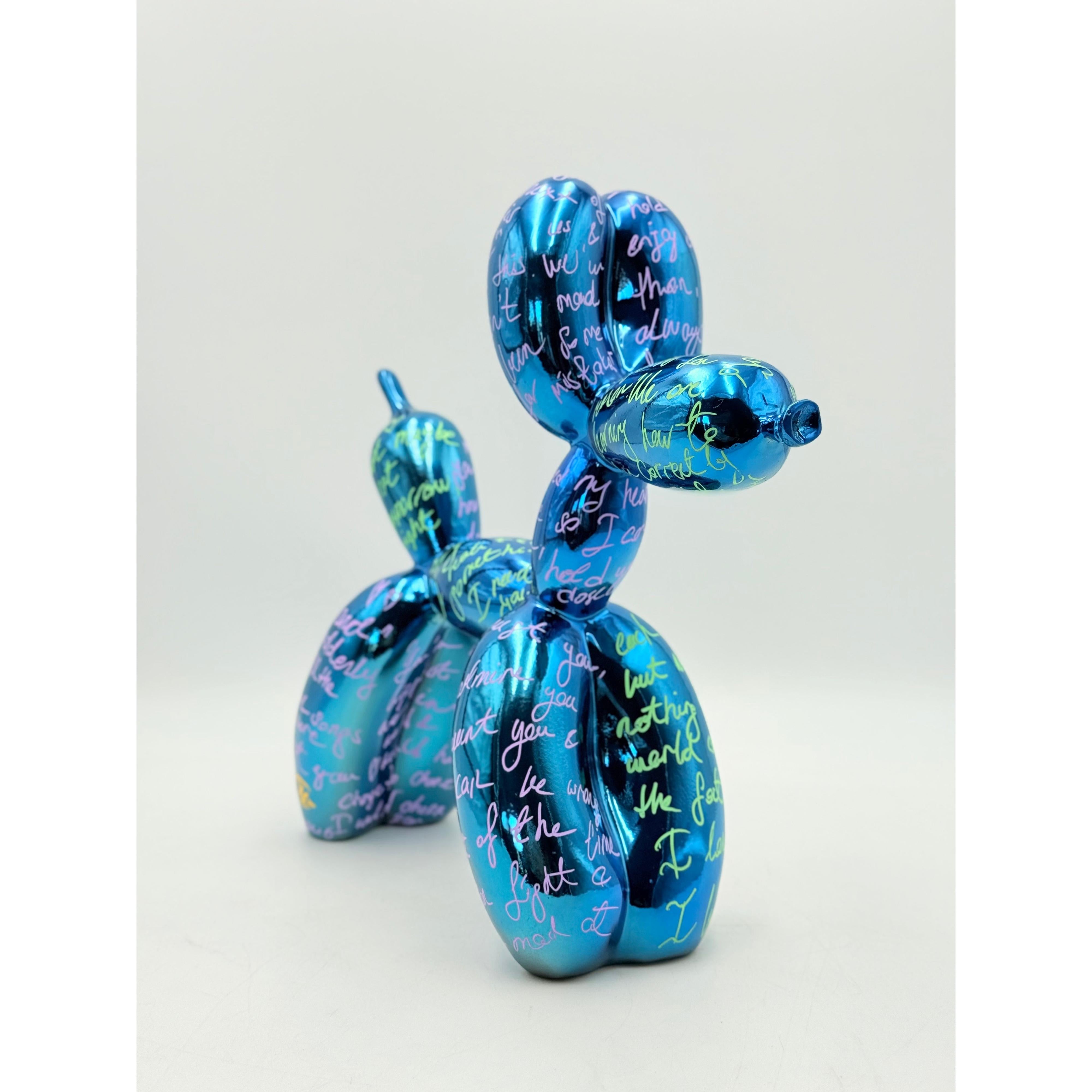 El Yazılı Özel Tasarım Mavi Krom Balon Köpek Heykeli