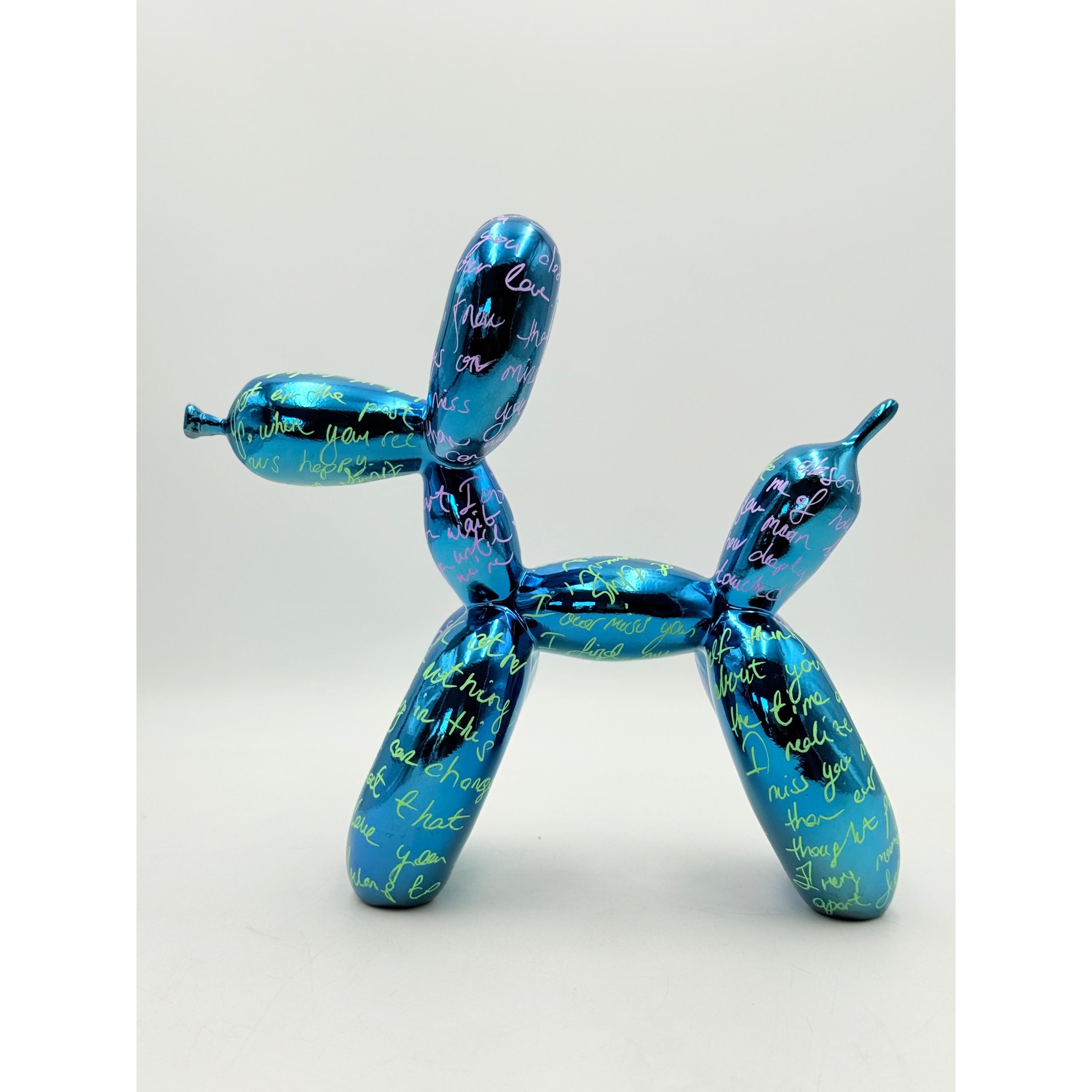 El Yazılı Özel Tasarım Mavi Krom Balon Köpek Heykeli