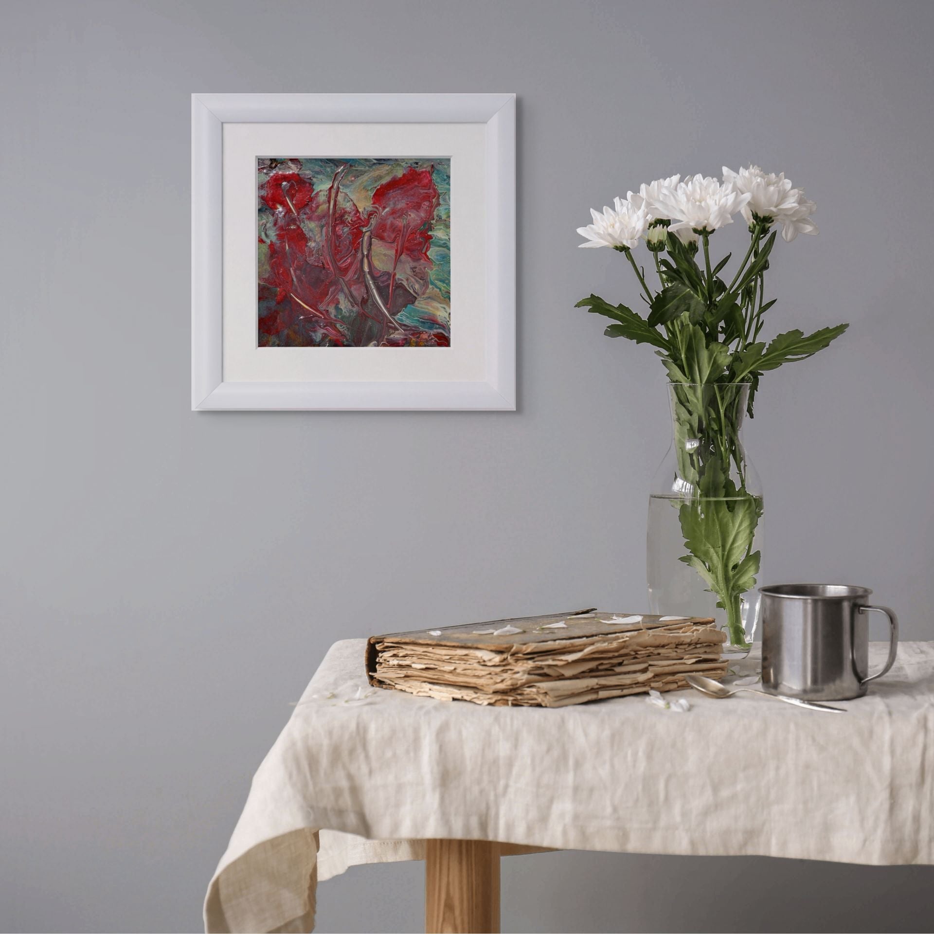 Esinti Soyut El Yapımı Tablo – Beyaz Çerçeveli, Paspartülü | 24×24 Cm