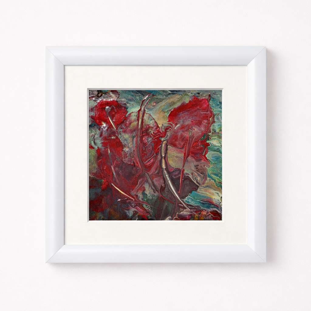 Esinti Soyut El Yapımı Tablo – Beyaz Çerçeveli, Paspartülü | 24×24 Cm